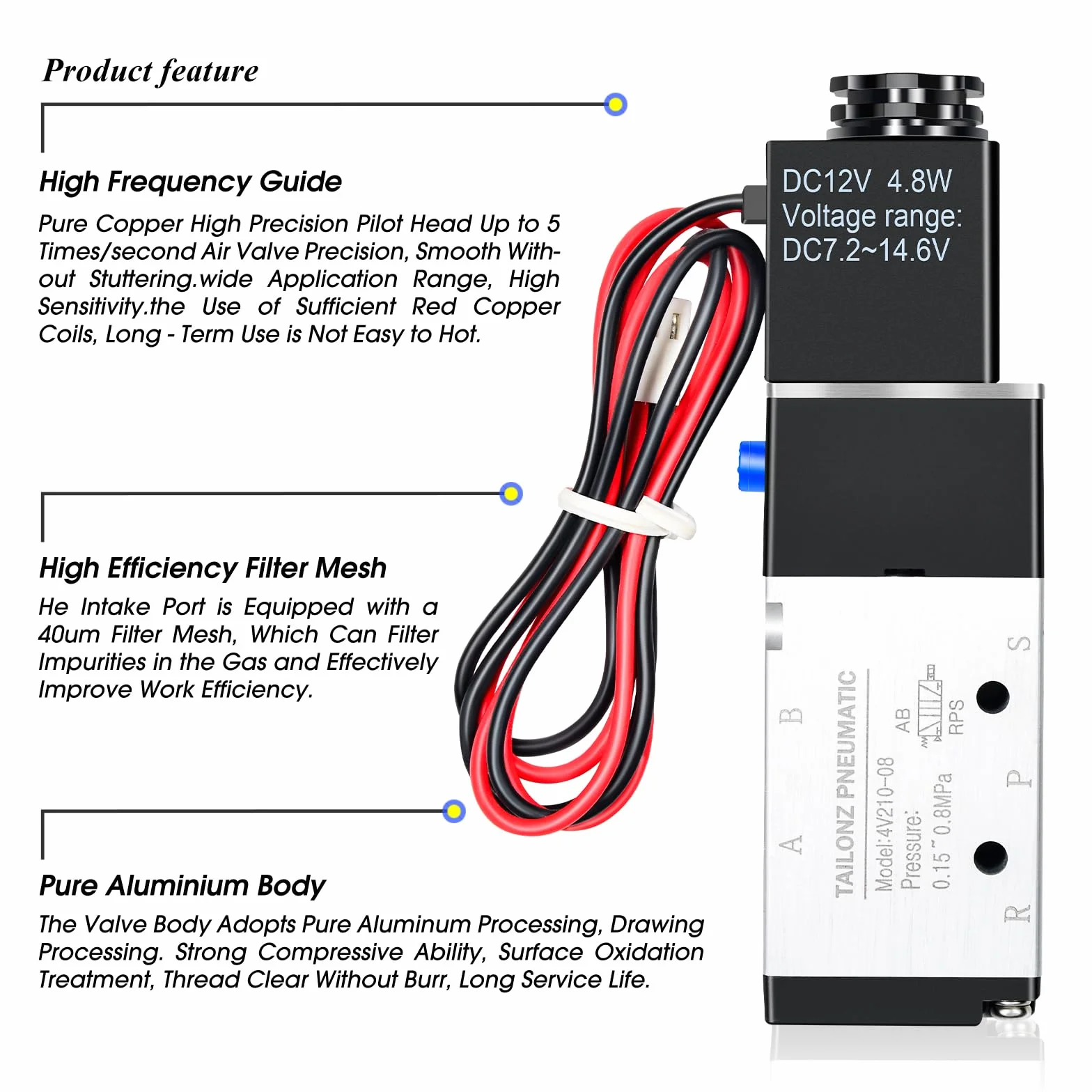 TAILONZ PNEUMATIC 1/4 "BSP Elektromagnetyczny zawór 12V Pojedyncza cewka napędzana pilotem Elektryczny 2 Pozycje 5 Way Typ połączenia 4V210-08
