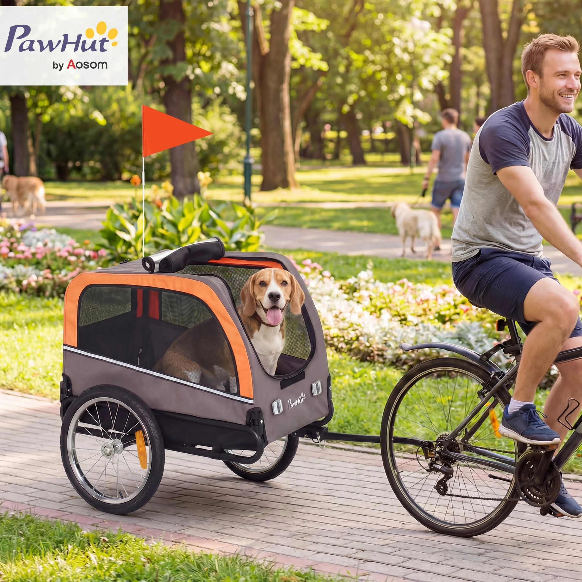 PawHut Przyczepka rowerowa dla psów składana z odblaskami 2 drzwi regulowana smycz okna z siatki przenośna przyczepka rowerowa dla małych i średnich psów do 20 kg