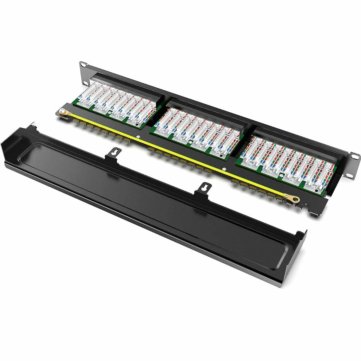 kwmobile 24-portowy panel krosowy Cat6 19" ekranowany z kablem uziemiającym czarny