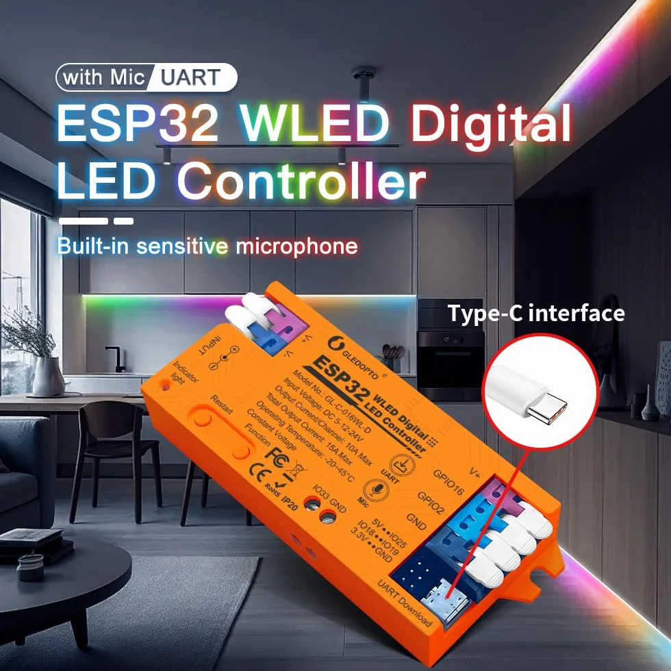 GLEDOPTO ESP32 WLED kontroler muzyczny DIY dynamiczne oświetlenie USB-C UART