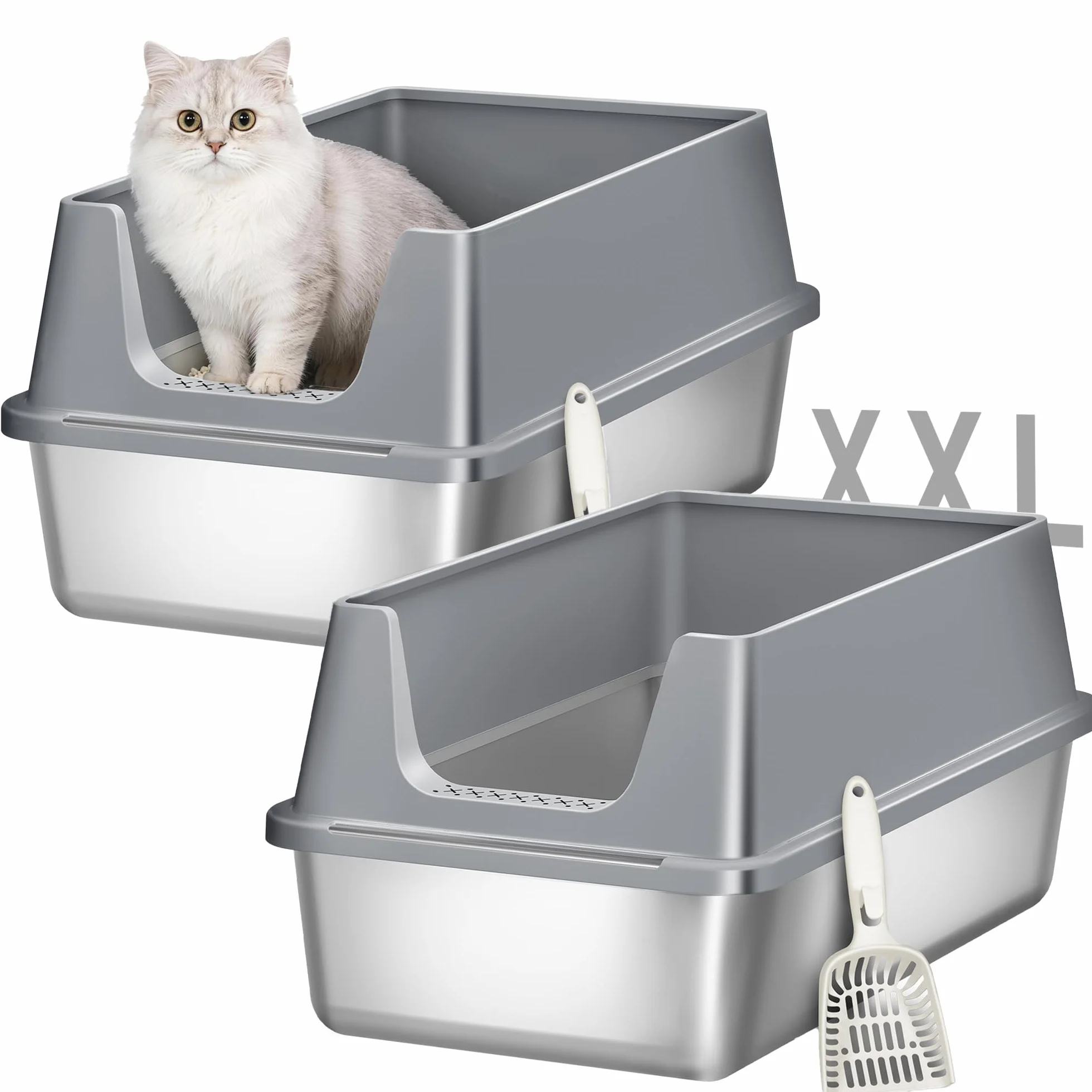 2 Sztuk Kuweta dla Kota ze Stali Nierdzewnej, Ciemnoszara | Metalowa Kuweta XXL o Dużej Pojemności, Kuweta z Wysokimi Ściankami i Łopatką, 60,5 x 40 x 29cm FPLB004SG2