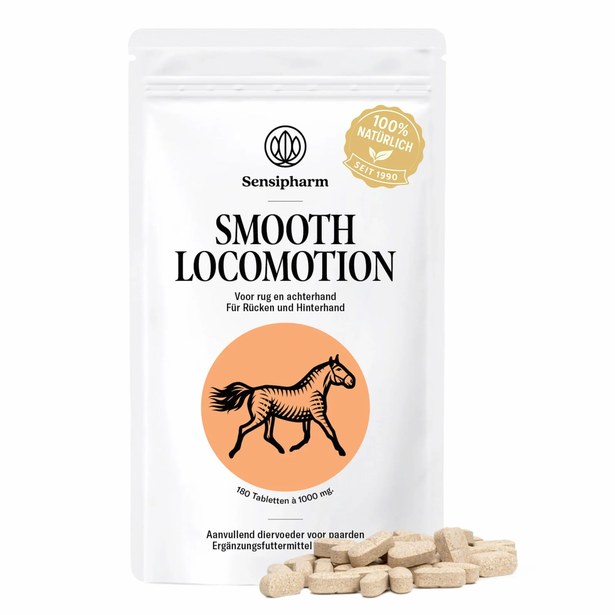 Smooth Locomotion Horse - Suplement diety dla silnych pleców, tylnej ręki i kopyta - wytrzymałość na koń - 180 tabletek po 1000 mg