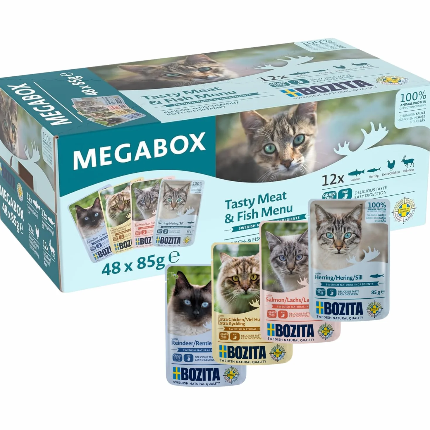 BOZITA Kot przekąski w sosie w woreczku porcjowanym Megabox 48 x 85 g – super smaczne, bez zbóż, bez cukru – po 12 x renifery, dużo kurczaka, łososia, śledzia – MEGAPACK