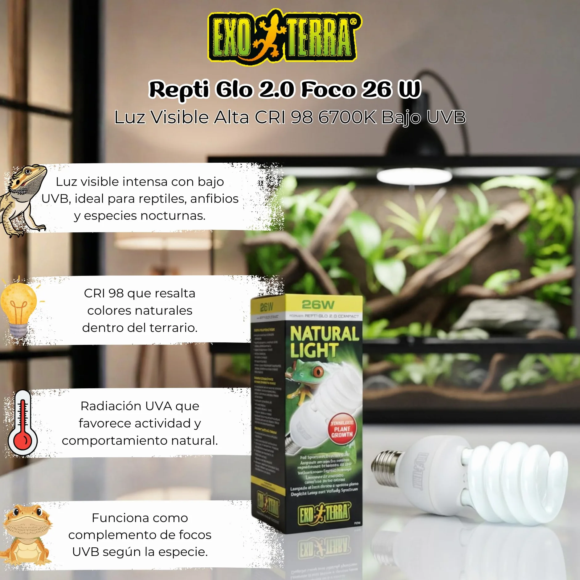 Exo Terra Natural Light, pełne spektrum światła dziennego, kompaktowa lampa UVB z idealnym spektrum światła dziennego dla wszystkich gadów i płazów, 25 W, oprawa E27