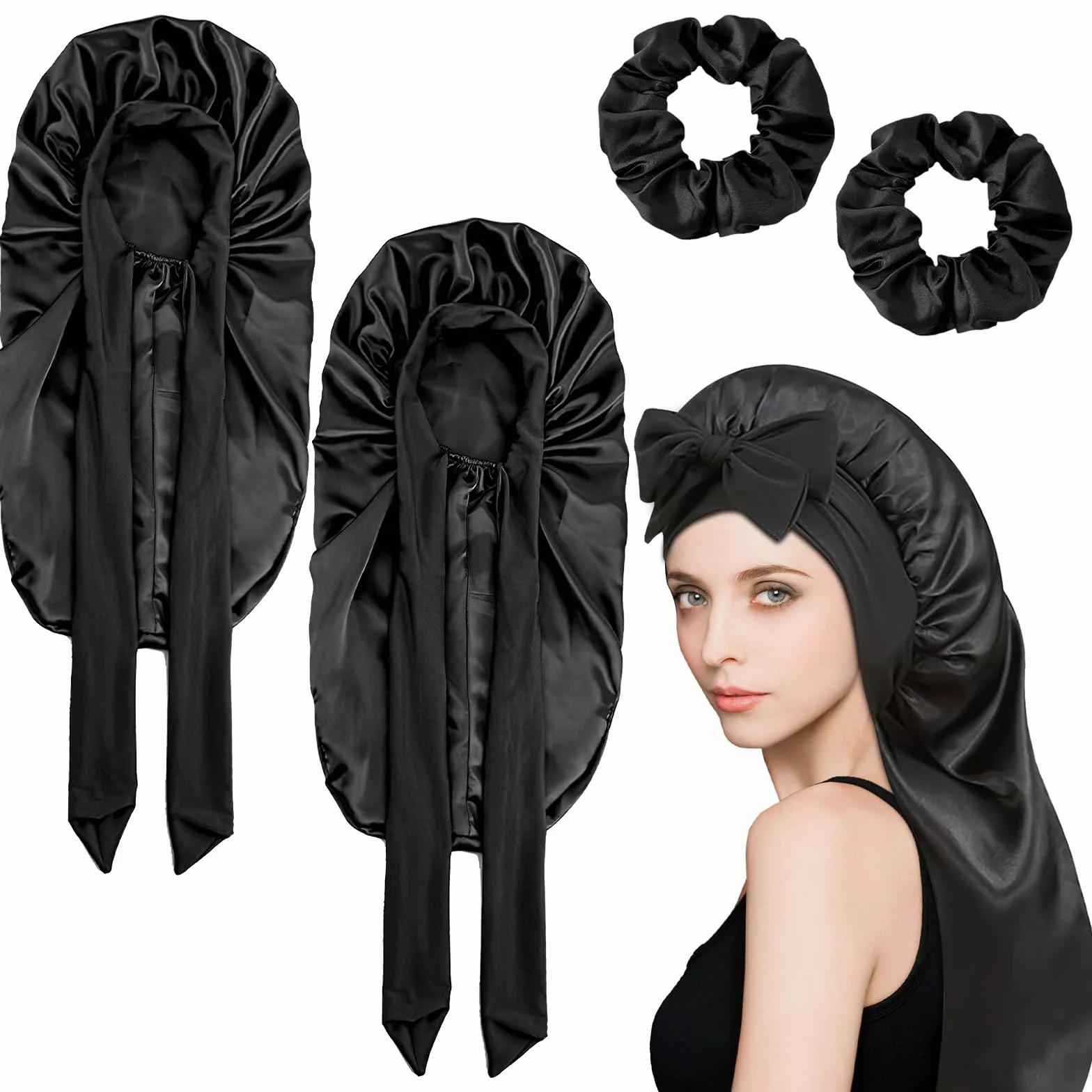 Czapka do spania Bonnet i 2 czarne gumki do włosów, jedwabny czepek do spania, jedwabny czepek do spania, jedwabny czepek na noc, jedwabny czepek do spania, jedwabny czepek do spania
