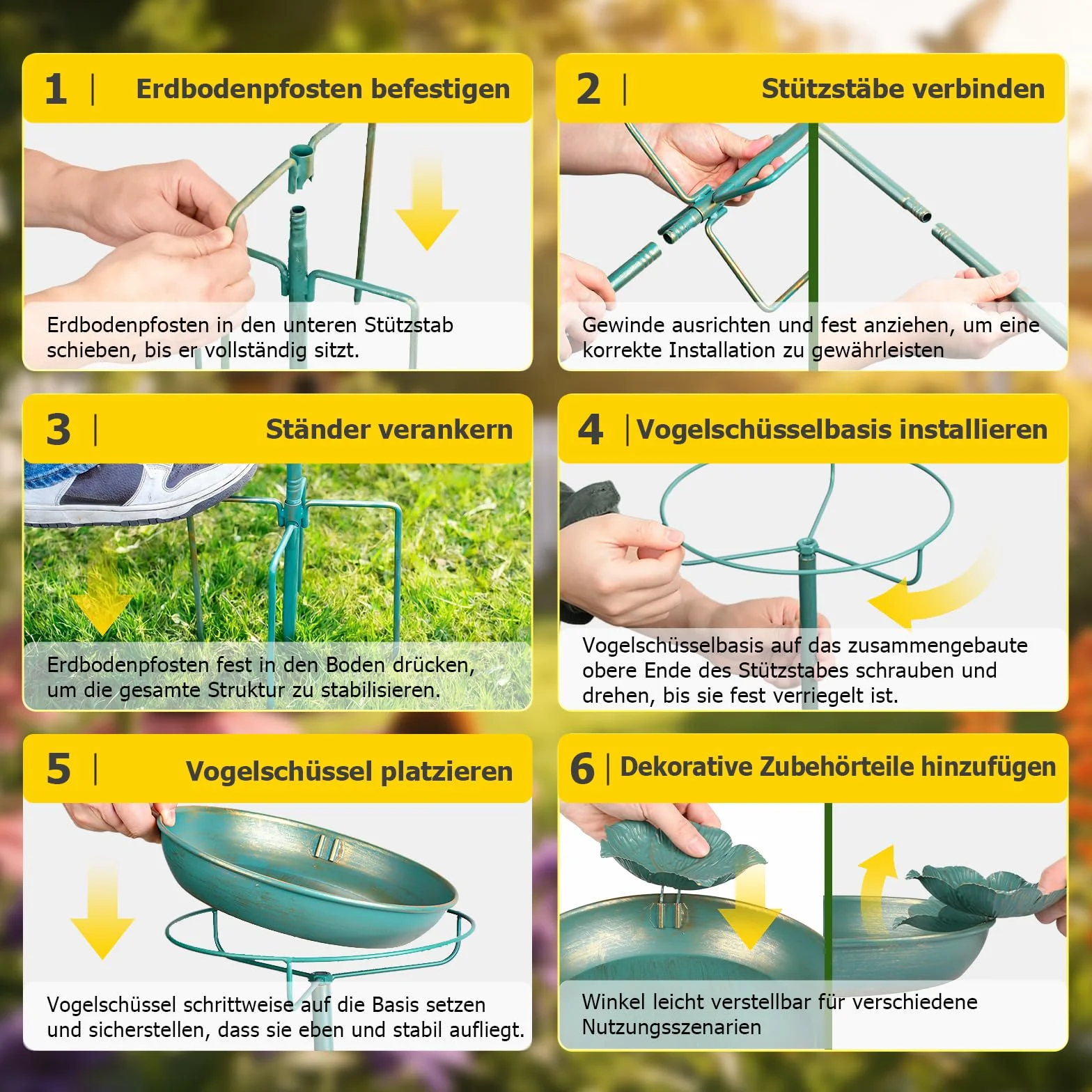 Mellbree Stojące poidło dla ptaków, 25 cm, duża kąpiel dla ptaków z drążkiem do siedzenia, wielofunkcyjne do ogrodu, metalowe poidło dla ptaków w kolorze morskim ze złotym zdobieniem – przyciąga wiele