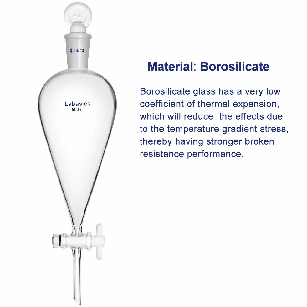 Labasics Stożkowy rozdzielacz ze szkła borokrzemowego 500 ml z zaworem odcinającym PTFE