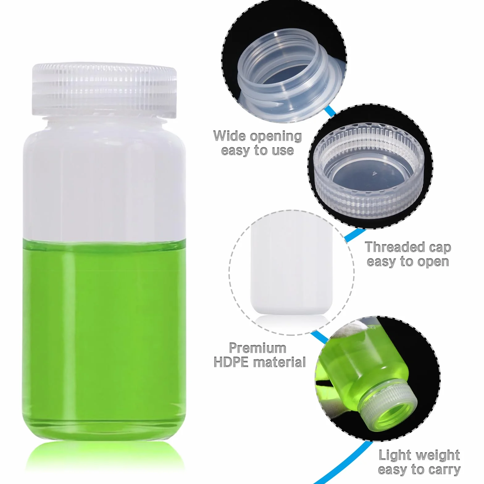 Butelki laboratoryjne HDPE 250 ml z szeroką szyjką, szczelne, do próbek wody
