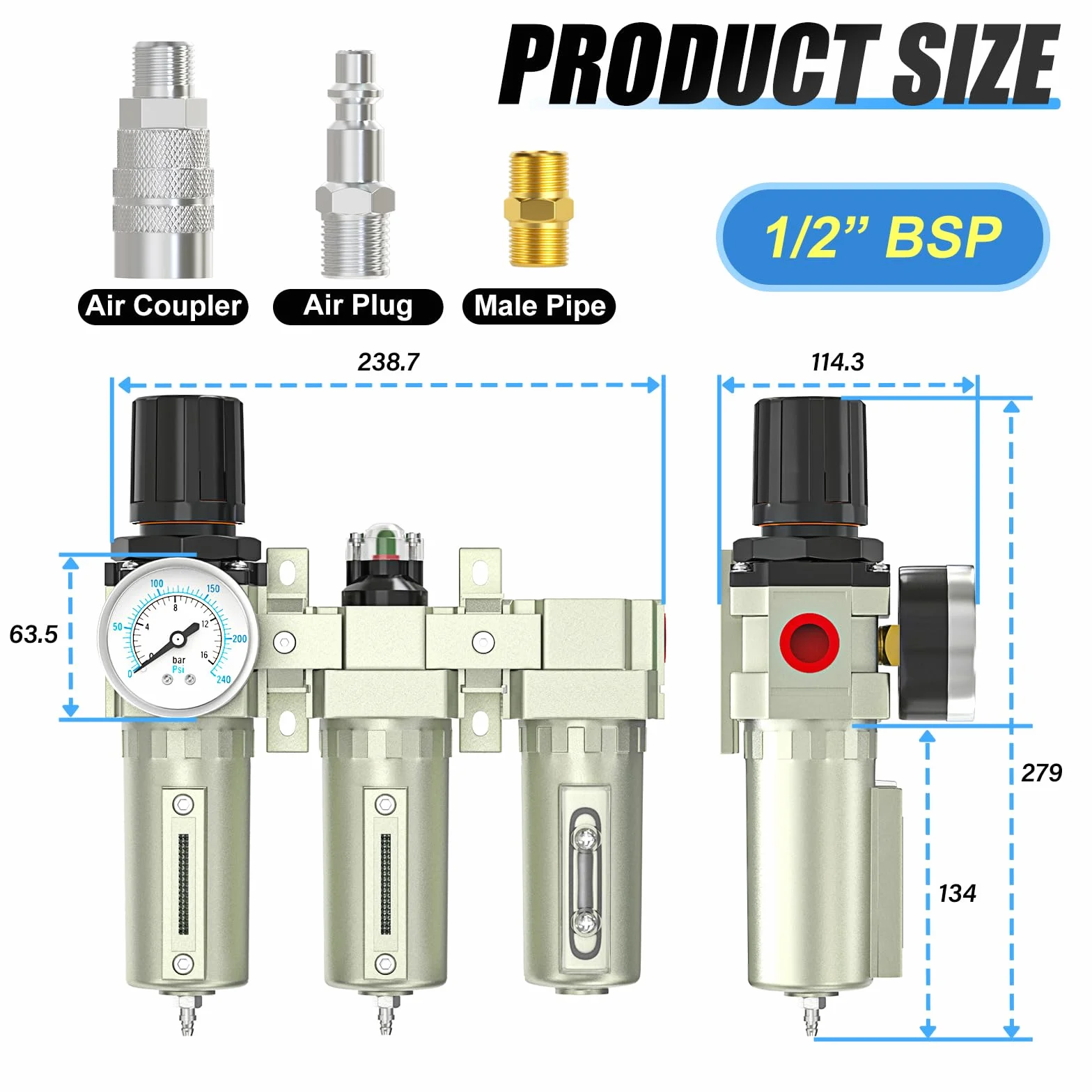 MEANLIN MEASURE 1/2" BSP klasy przemysłowej wytrzymały 3-stopniowy system suszenia powietrza, osuszacz i regulator powietrza, ręczny drenaż, do przecinarki plazmowej i rozpylacza farby