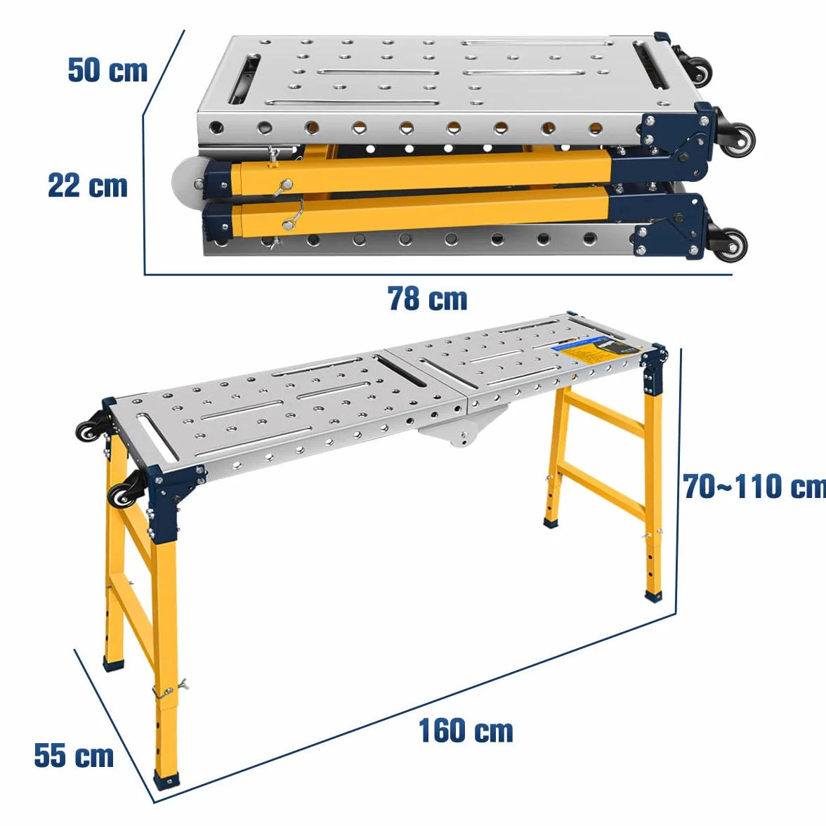 Stalowa platforma robocza stół spawalniczy ocynkowany blat 36x140 cm nośność 500 kg regulowana wysokość