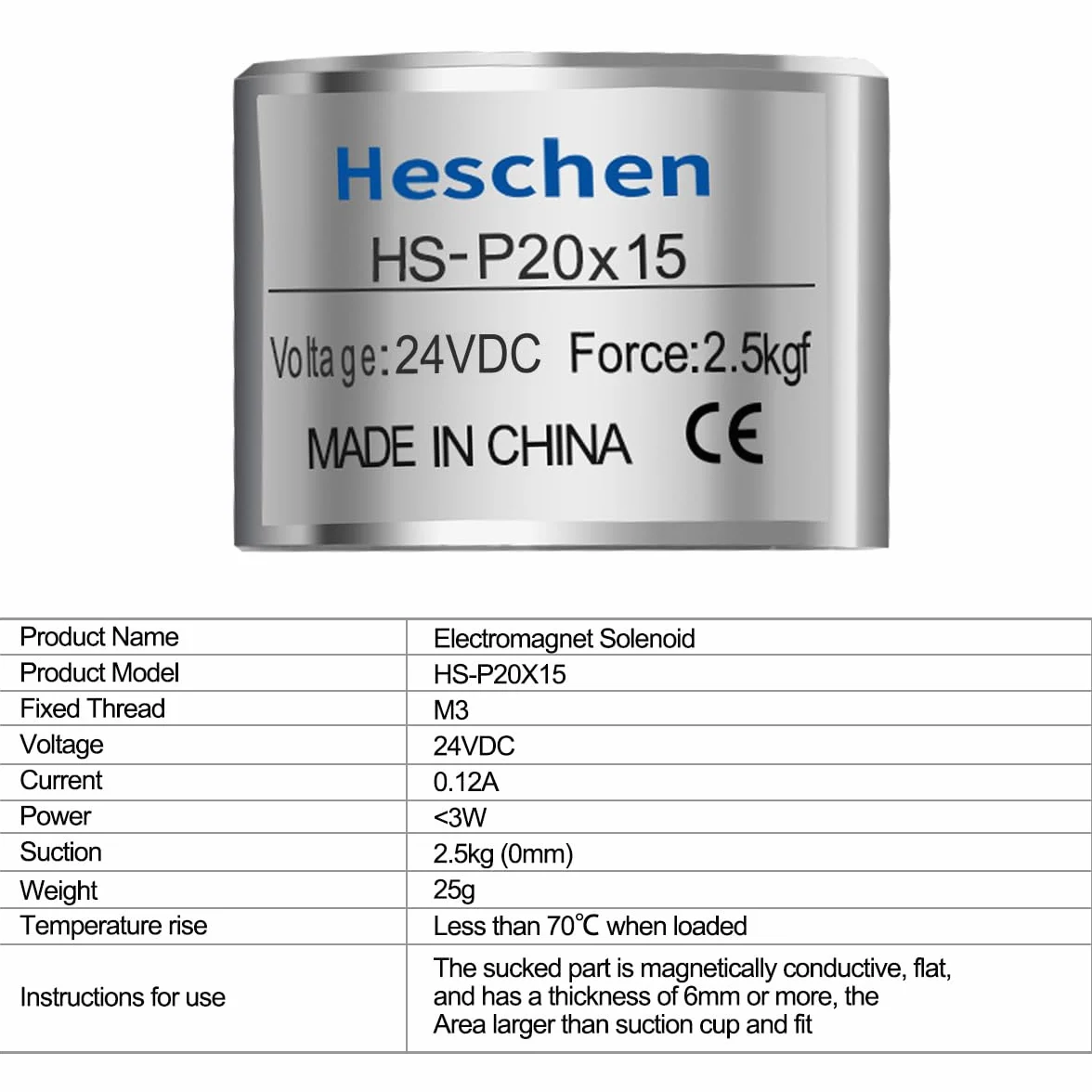 Heschen Magnes elektromagnetyczny cewka P20/15, DC 24 V, 20 mm, 2,5 kg