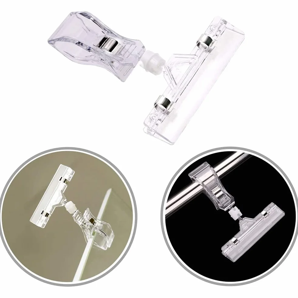 16Pcs Clear Sign Clips Plastic Clip Sign Holder Stand, Swivel Price Clips Clothing Rack Signs Tag Clothing Rack Signs