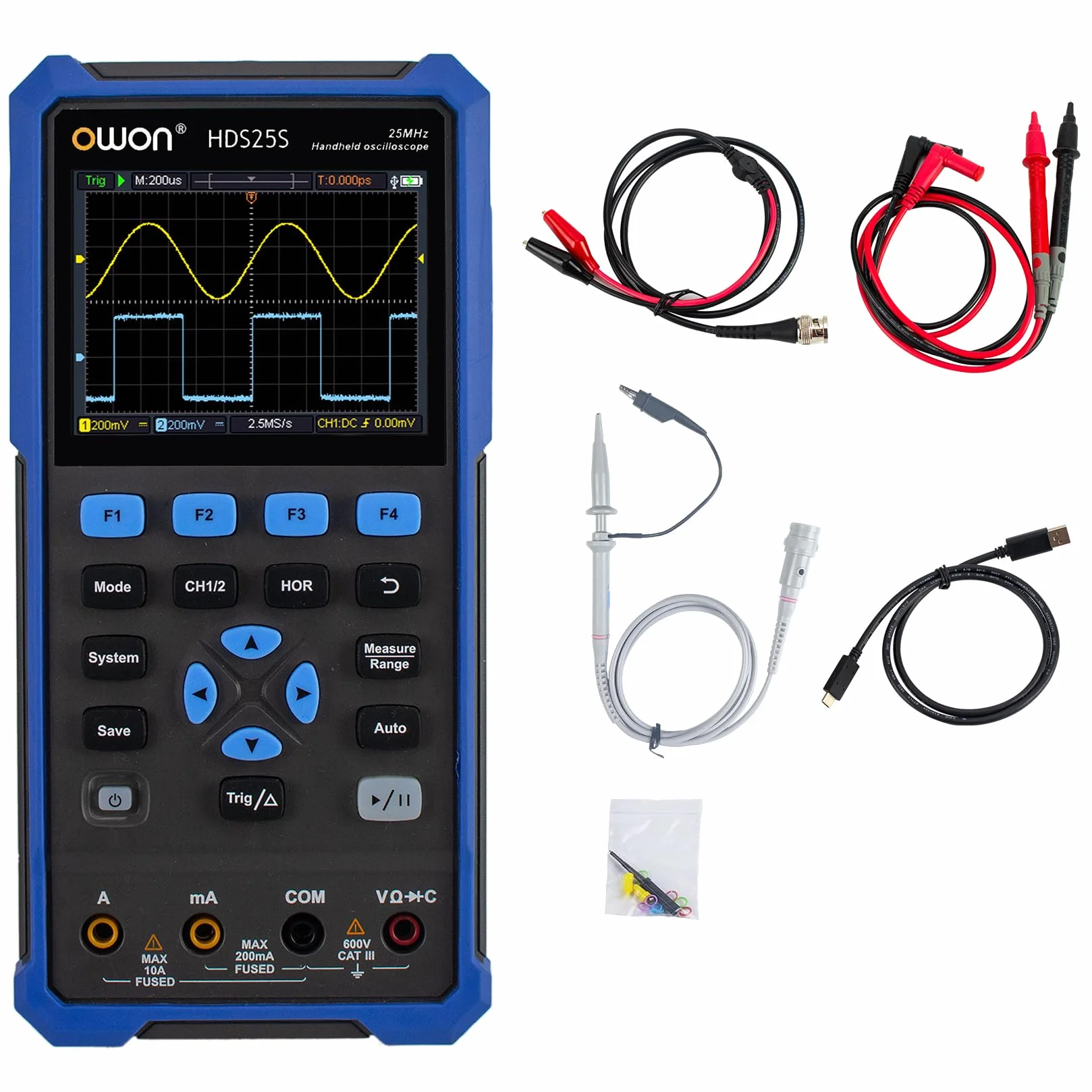 OWON HDS25S 3 w 1 cyfrowy oscyloskop 25 MHz 2-kanałowy generator przebiegów multimetr 20 000 zliczeń LCD USB-C