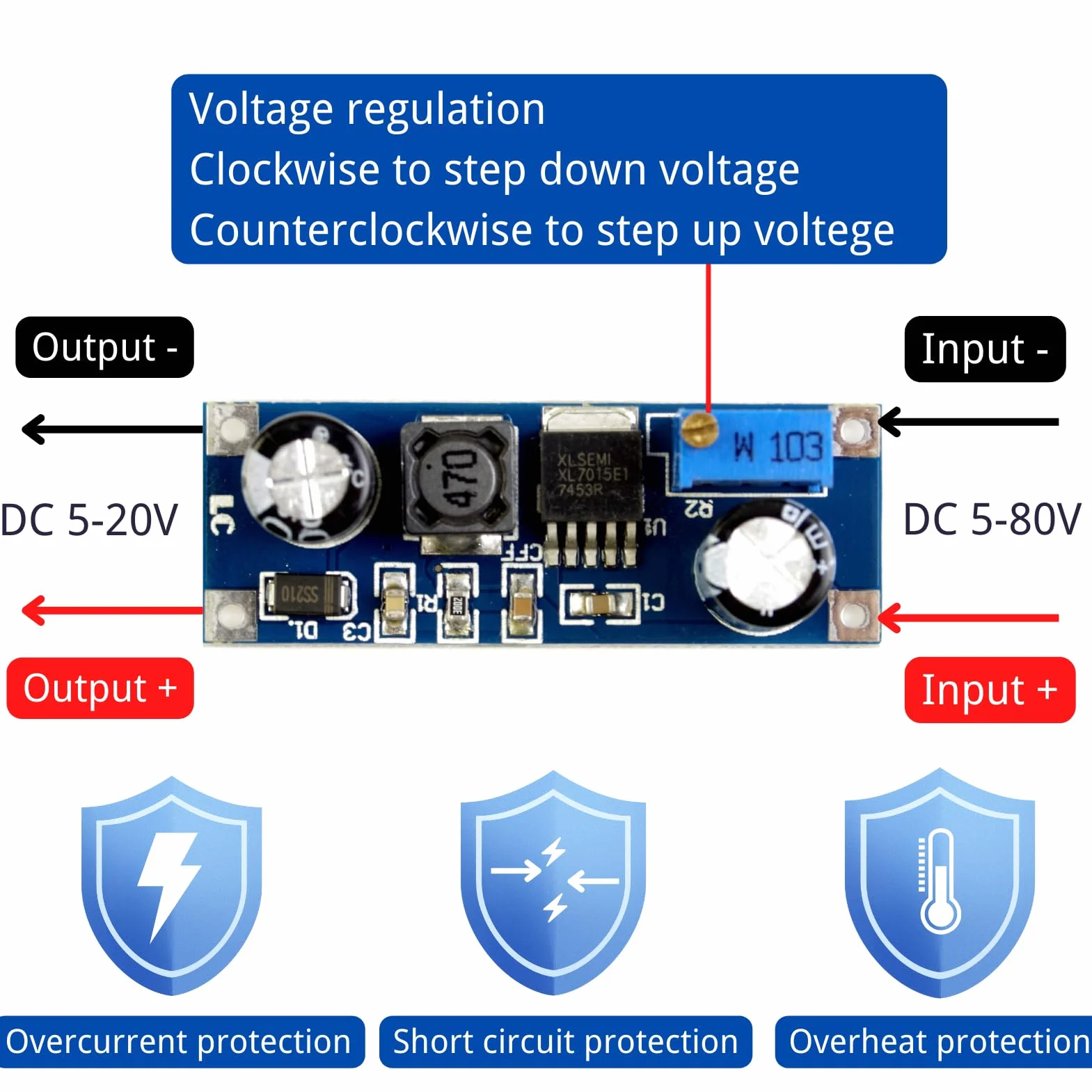 XL7015 LAOMAO DC-DC Step Down Converter 5-80V do 5-20V Voltage Regulator Power Supply moduł zasilacza 3 sztuki