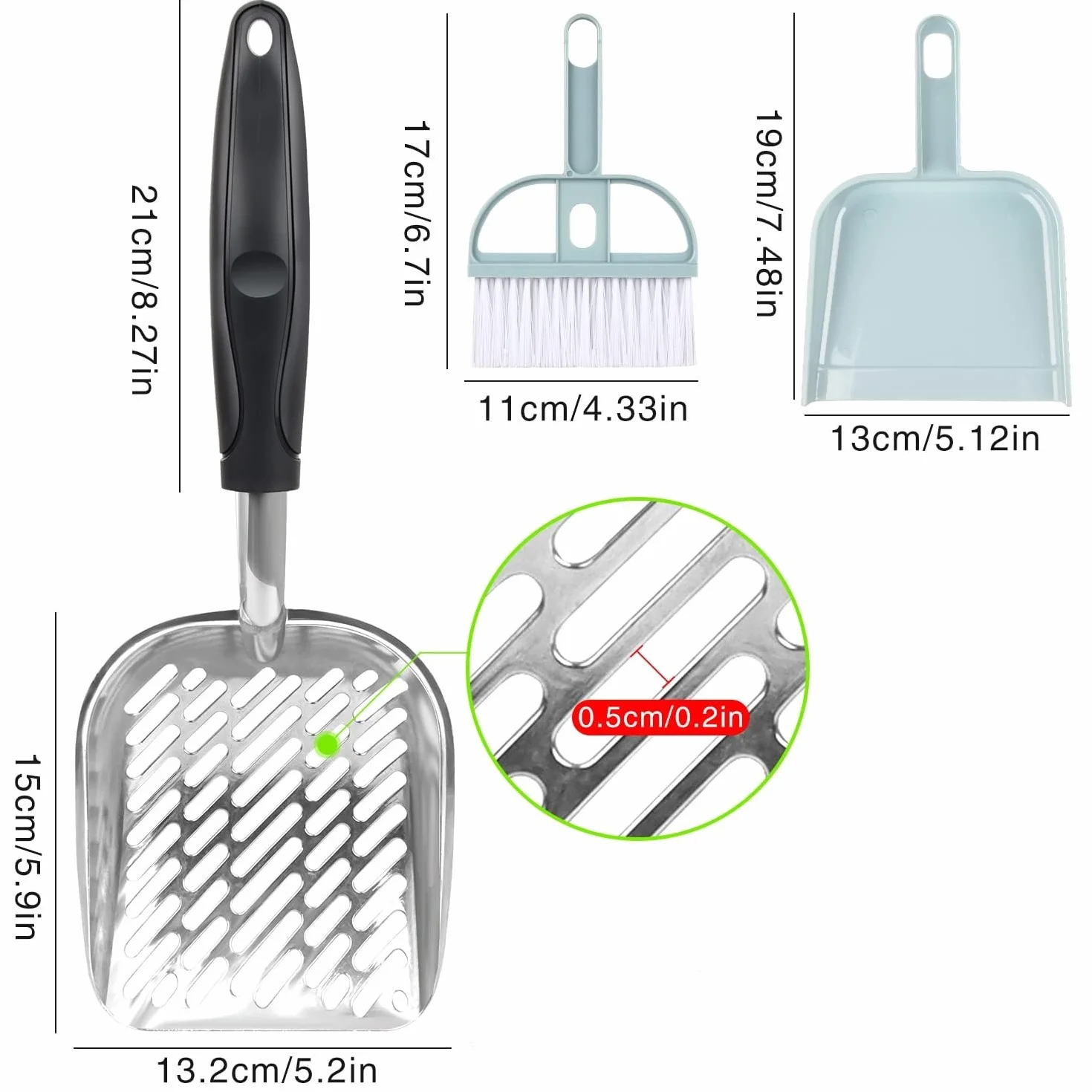 Metalowa szufelka do kuwety dla kota 34,5 x 13 cm szara z zestawem miotłek
