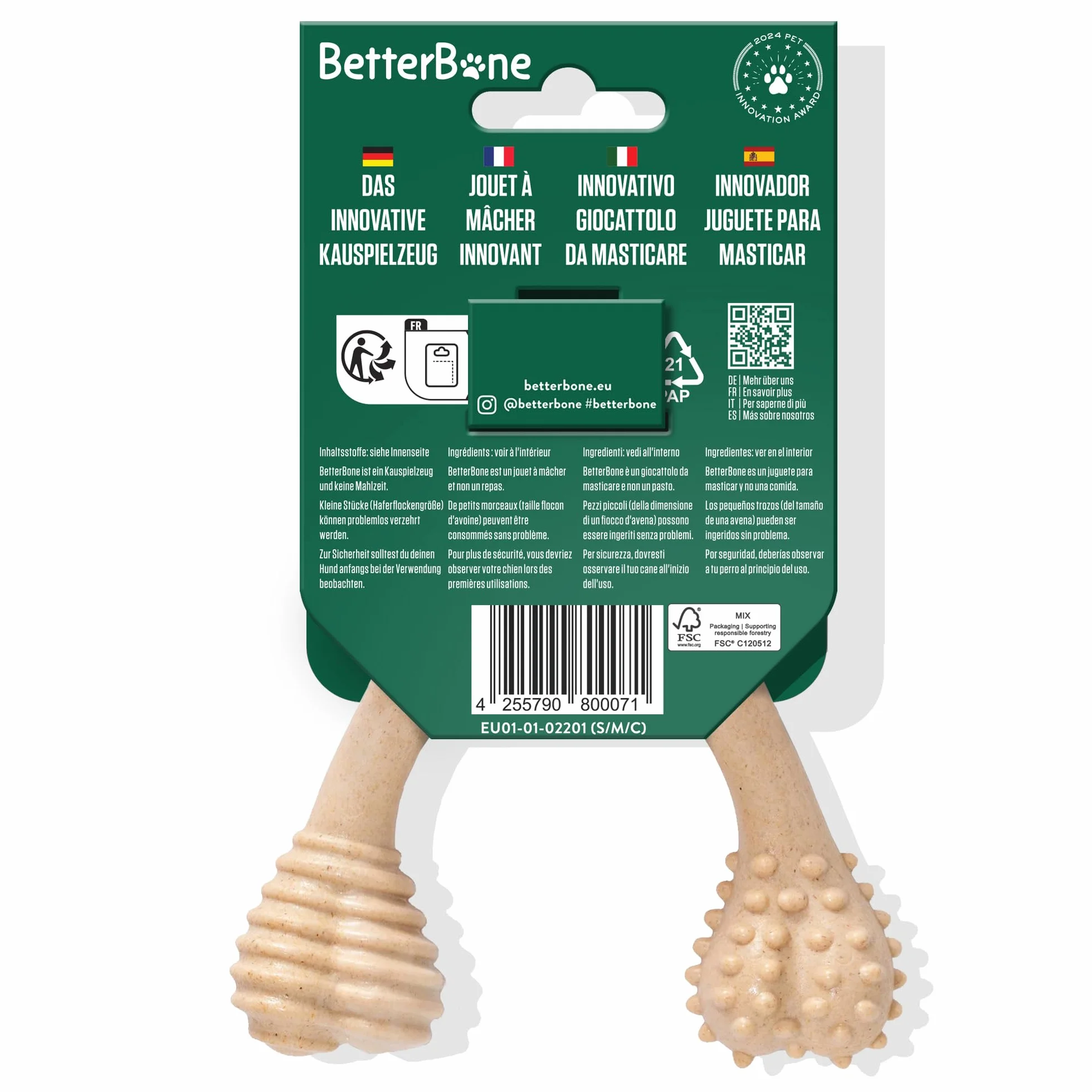 BetterBone - Zabawka dla psa do żucia – Small Medium Classic – wegańska kość do żucia dla psa, bez nylonu i GMO na bazie celulozy, średnio twarda, neutralny smak, nie odpryskuje i hipoalergiczna