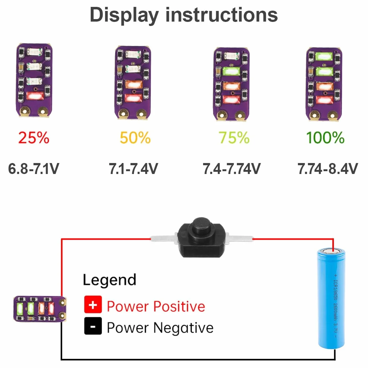 5 sztuk LED wskaźnik pojemności baterii, moduł pomiarowy 2S 6,2 V – 8,6 V akumulator litowo-jonowy 18650, z samoblokującym się mikro-przełącznikiem, 26 kabli AWG