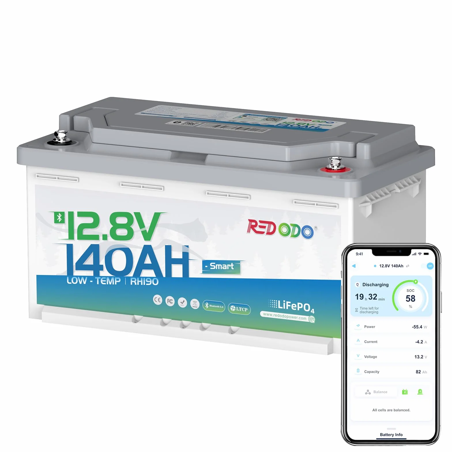 Redodo 12V 140Ah LiFePO4 Bluetooth Akumulator głębokiego cyklu 1792Wh BMS 150A H190 189mm