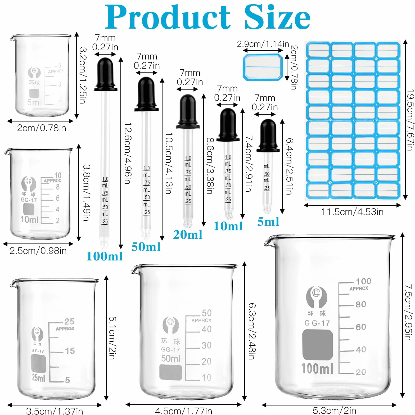 5 sztuk mini miareczek 100ml 50ml 25ml 10ml 5ml, zlewka z miarką, szkło borosilikatowe mini miarka z miarkowanym kroplomierzem i naklejką z etykietą, zlewka do laboratorium
