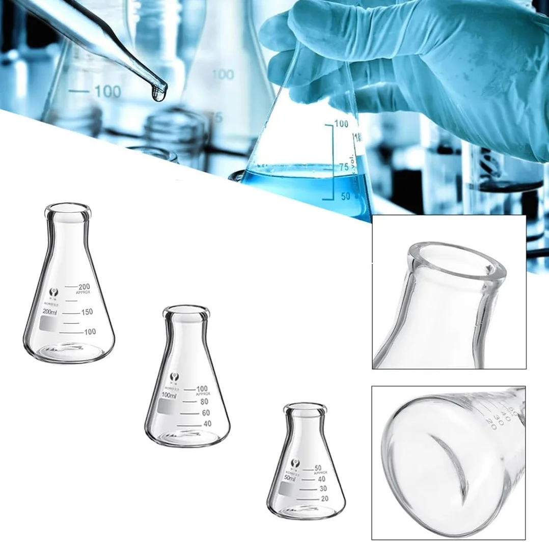 4-stopniowy zestaw zlewek Erlenmeyer, zestaw cylindrów z miarką, 3 szklane cylindry z 3 stożkowymi buteleczkami, z 3 szklanymi pipetami, 2 szklane mieszadła i 2 szczotki do mycia