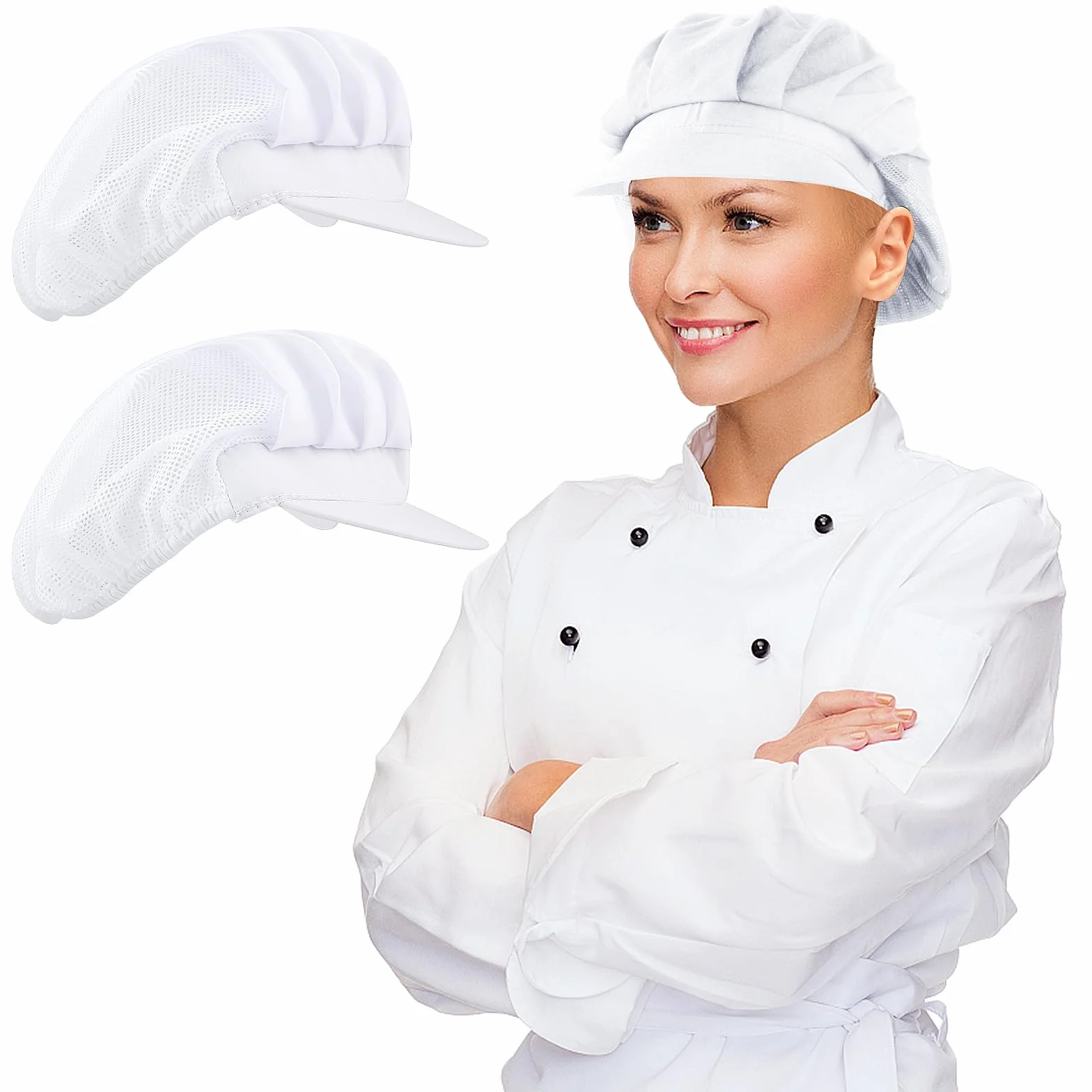 Lusofie 2 sztuki czapka kucharska kuchnia piekarz gotowanie okap kuchenny czarny biały Food Service siatka na włosy kuchnia kobiety mężczyźni z rondem, biały, jeden rozmiar