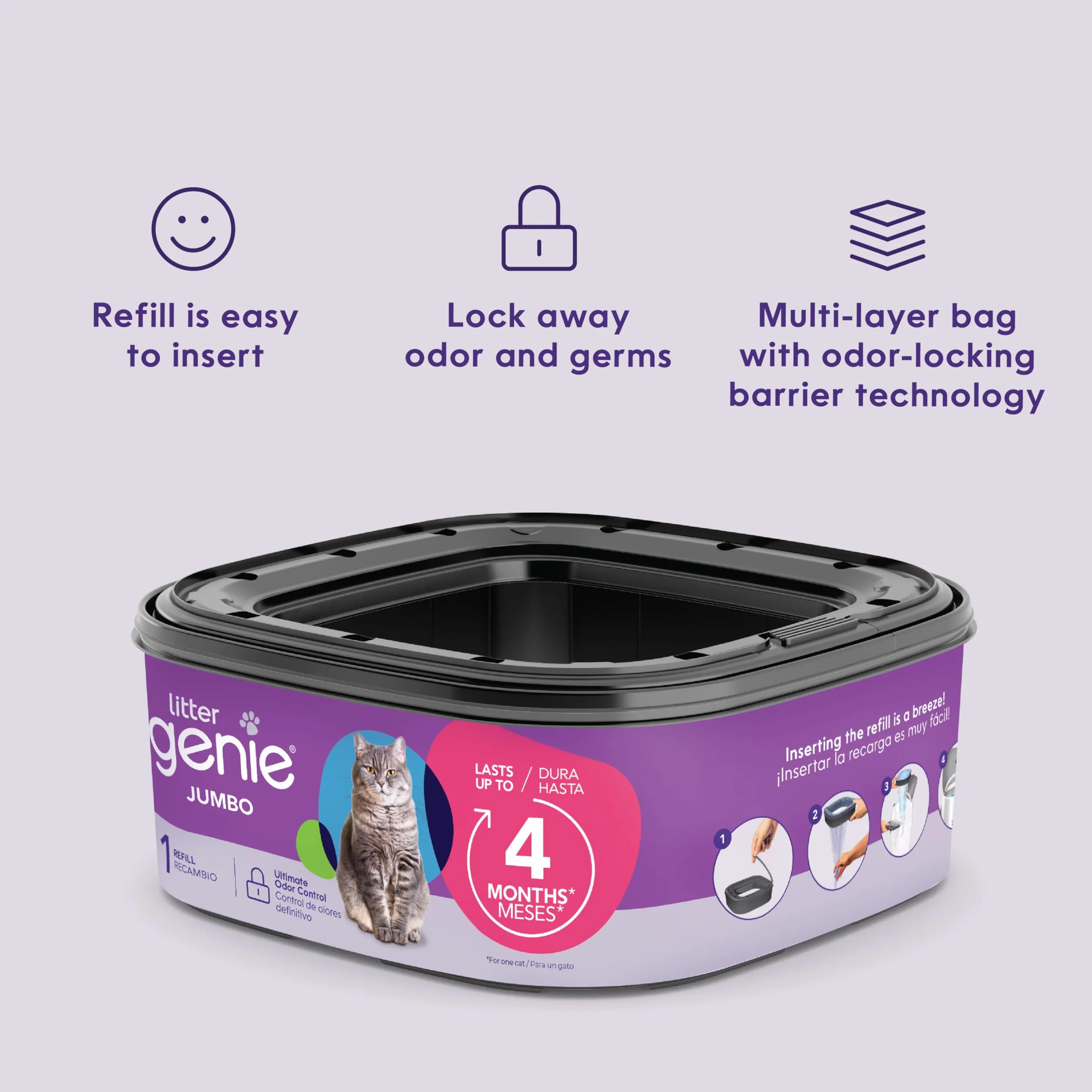 Litter Genie Worki uzupełniające | Jumbo 1-pak | do 4 miesięcy dostawy w 1 wkładzie | Najlepsza kontrola zapachu worki na żwirek dla kotów