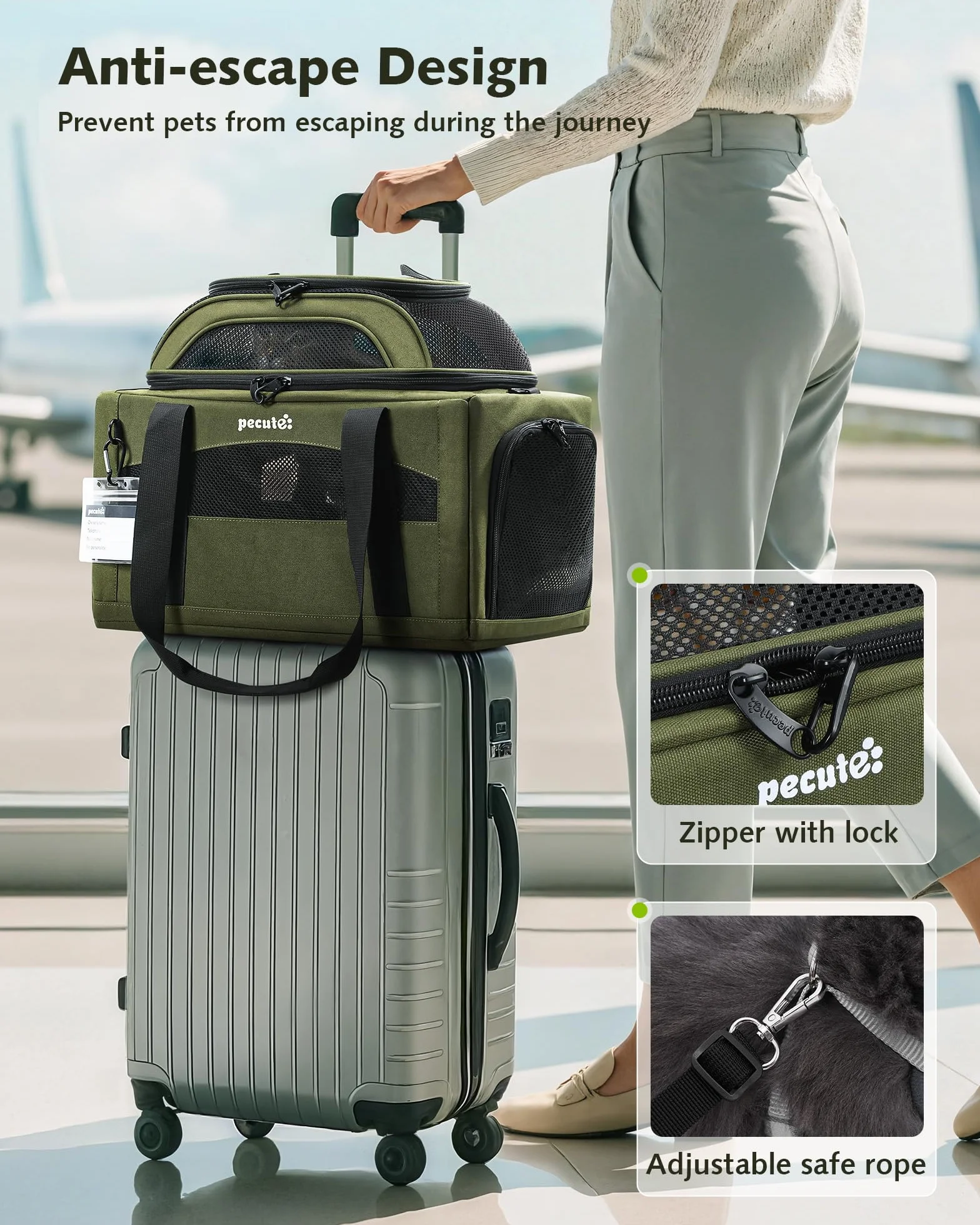pecute Torba transportowa dla kota w samolocie, stabilna torba do noszenia zwierząt domowych, lekka, składana, dla kotów i małych psów, idealna do podróży, zielona