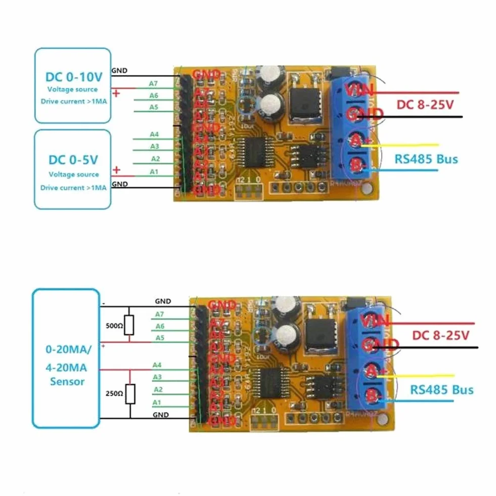 7-kanałowy Modbus RTU Analogowy Próbnik Napięcia z ADC, Funkcje 03 i 06, Moduł Wejścia Analogowego R4AVA07