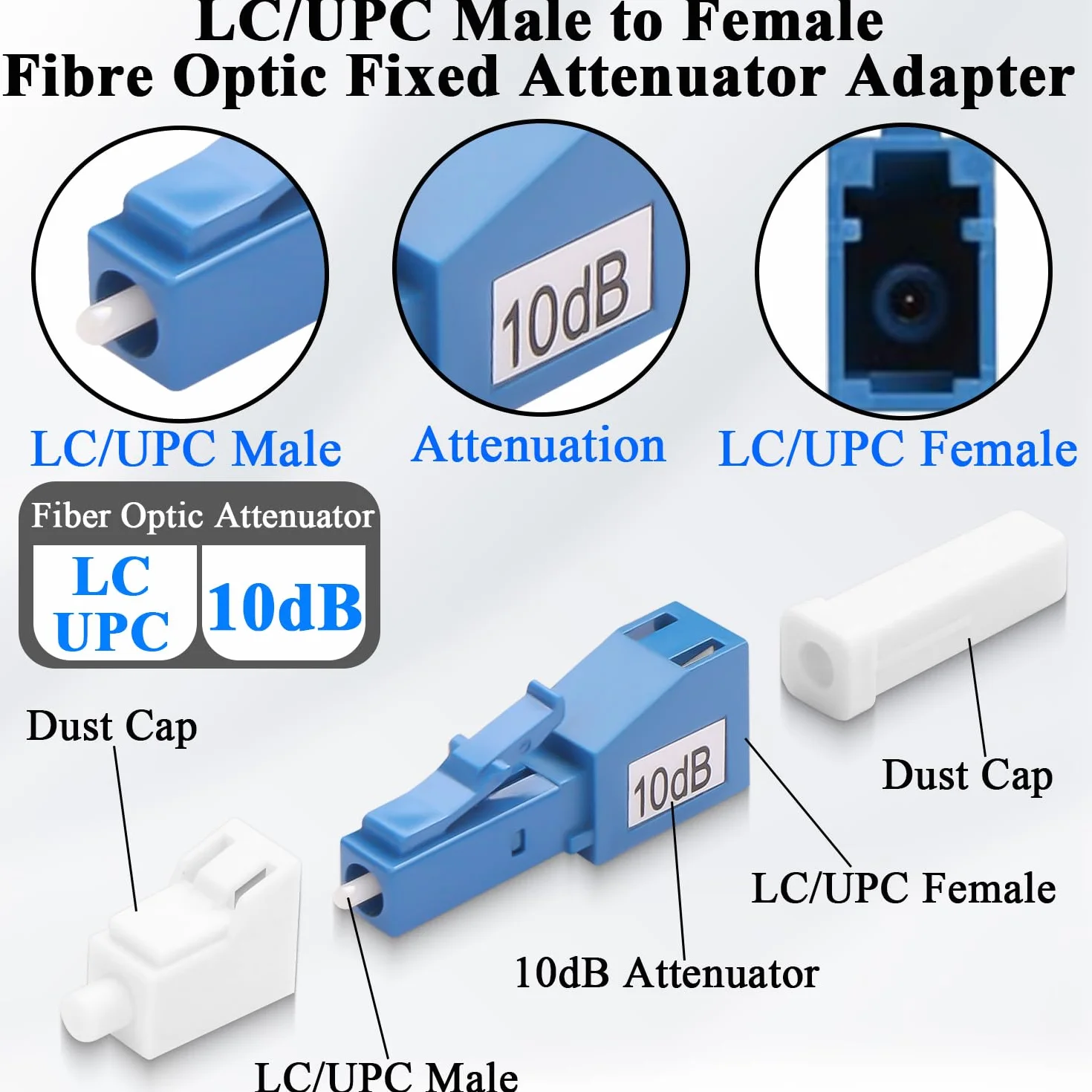 QIANRENON 10dB LC/UPC Światłowód Stały Tłumik LC Męski Żeński Adapter Jednomodowy Fixed Attenuator Złącze, Tłumienie Wartość 10dB±1, dla CATV FTTH Redukcja optyczna Moc