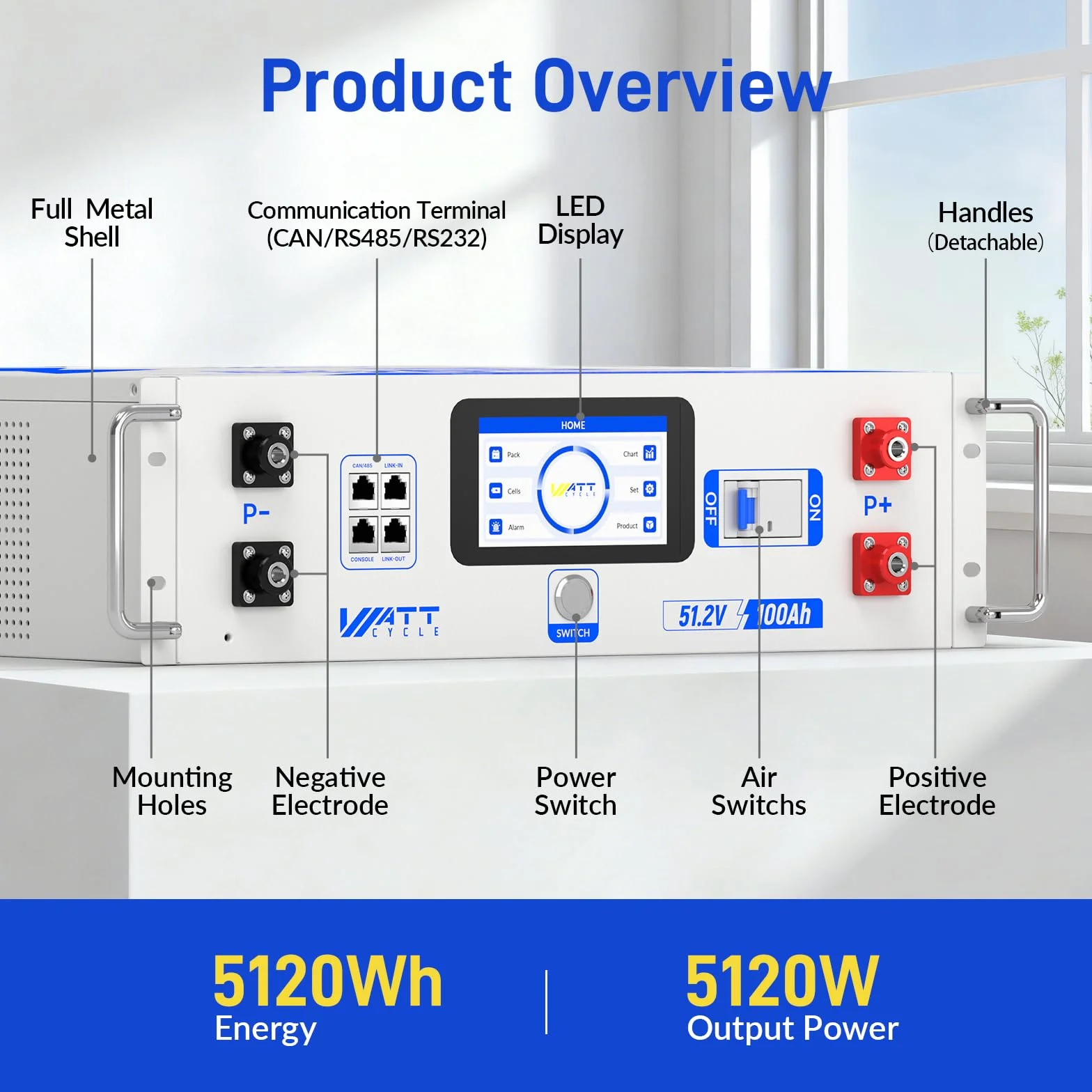 Akumulator litowo-żelazowo-fosforanowy WattCycle 48 V 100 Ah V2, 5,12 kWh, akumulator litowo-żelazowo-fosforanowy z aktywnym balanserem 3 A i aplikacją Bluetooth, montaż w szafie 3U do systemów solarn