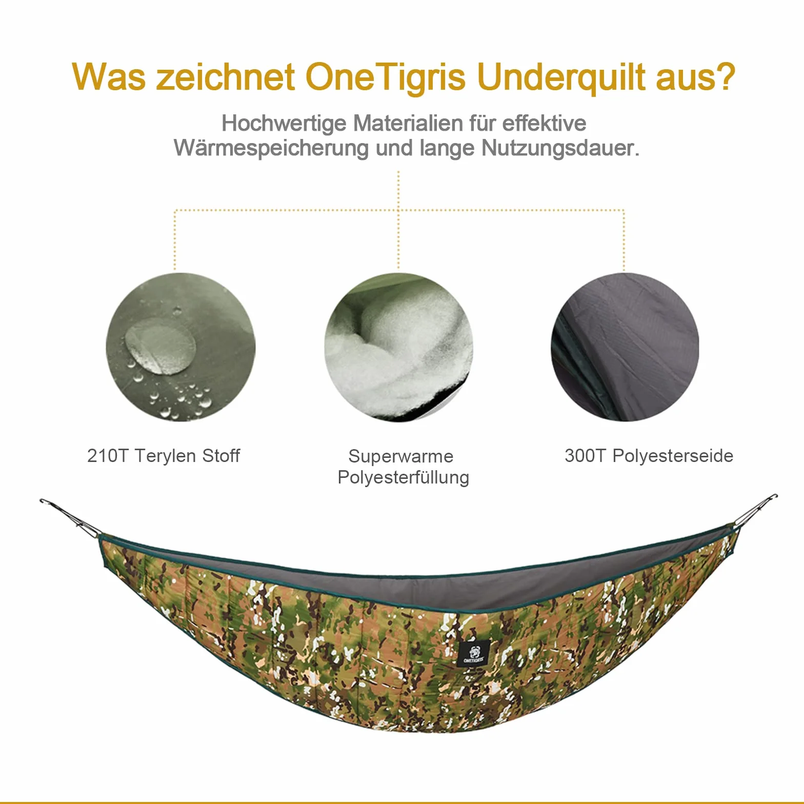 OneTigris Hideout Hamak, mata pod hamak, podsufitki, ochrona cieplna, ultralekki, do aktywności na świeżym powietrzu, wędrówek, na kemping, 280 x 120 cm, moro
