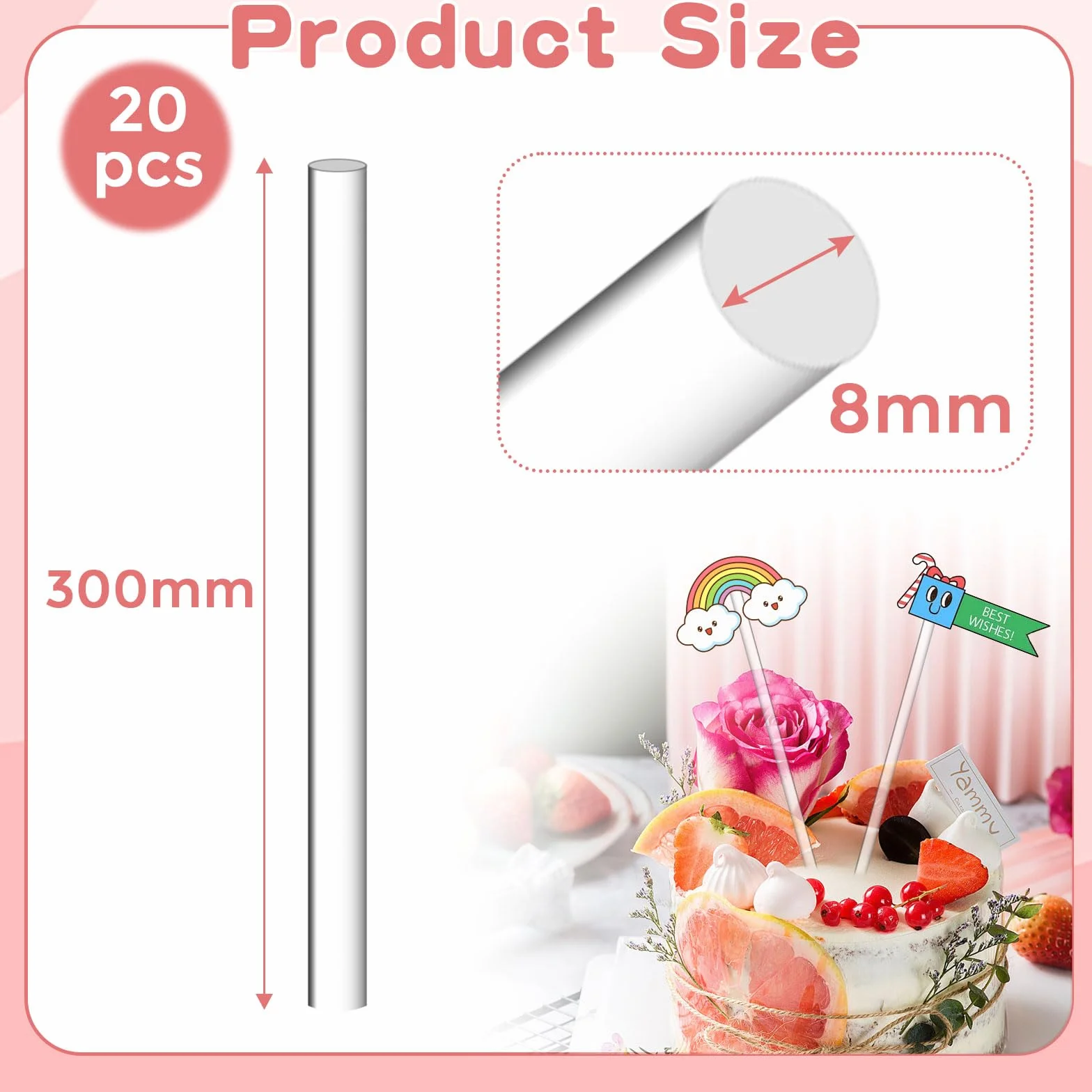 Przezroczyste akrylowe okrągłe patyczki 8 mm x 30 cm 20 sztuk
