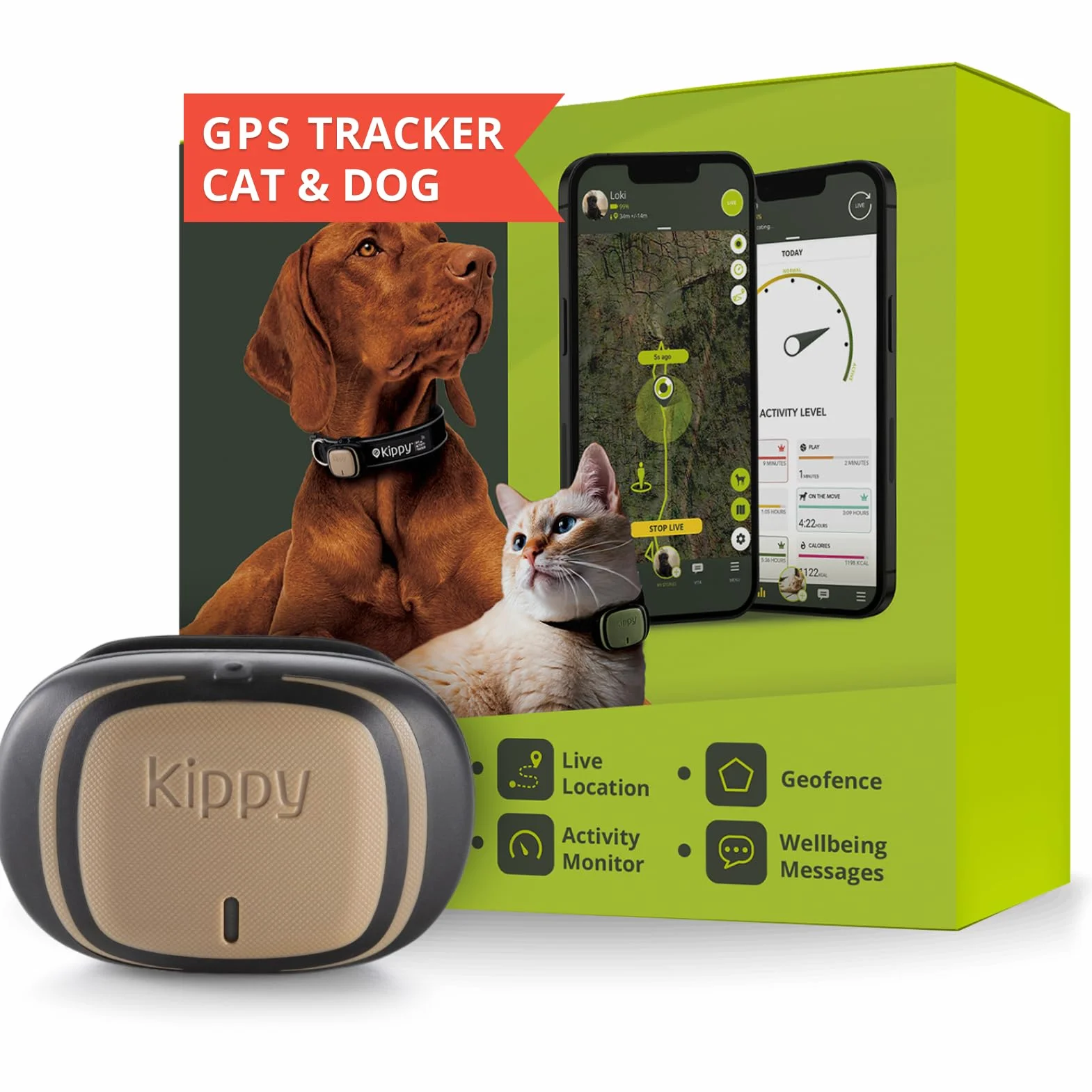 Kippy - Kippy EVO - Nowa Obroża z Lokalizatorem GPS i Monitorem Aktywności dla Psów i Kotów, 38 g, Wodoodporna, Bateria 7 dni, Brązowe Drewno