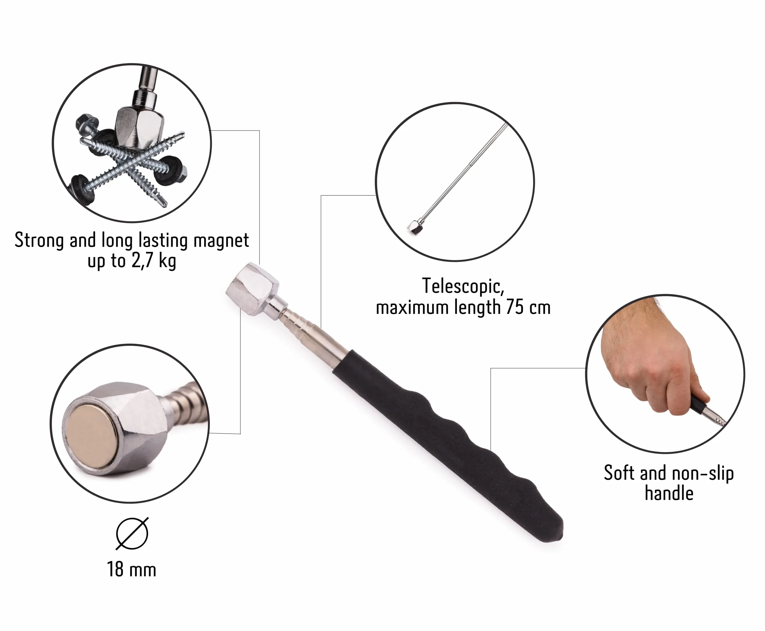 Mivos Teleskopowy podnośnik magnetyczny do 76 cm I chwytak magnetyczny o sile uciągu 7,2 kg I wyciągany podnośnik magnetyczny I chwytak magnetyczny I magnes teleskopowy I pręt magnetyczny