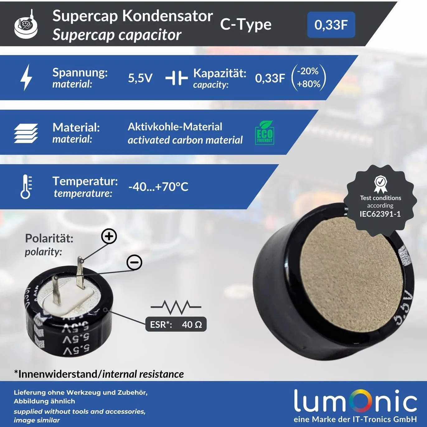 Lumonic Supercap 0,33F 5,5V C-Type | Bezposrednie zastosowanie EDLC, wysoka wydajnosc | Monoblok 5,5 V - bez koniecznosci równowazenia | Ochrona przed migotaniem, kopia zapasowa, PLC, ogrzewanie