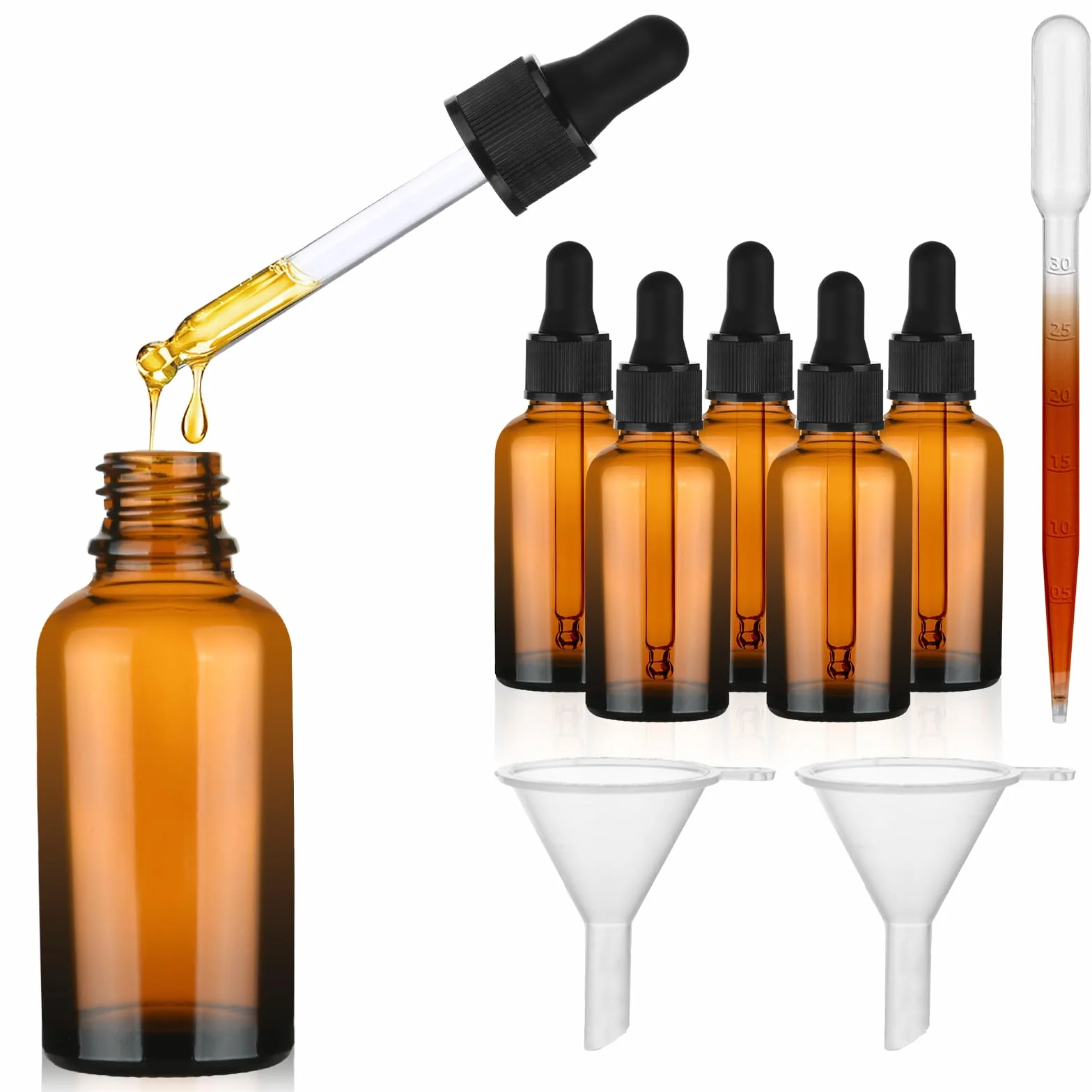 Zestaw butelek z zakraplaczem, 6 x 30 ml brązowe szklane butelki z zakraplaczem, mała pipeta ze szklaną pipetą, do laboratorium, olejków eterycznych, kosmetyków, aromaterapii