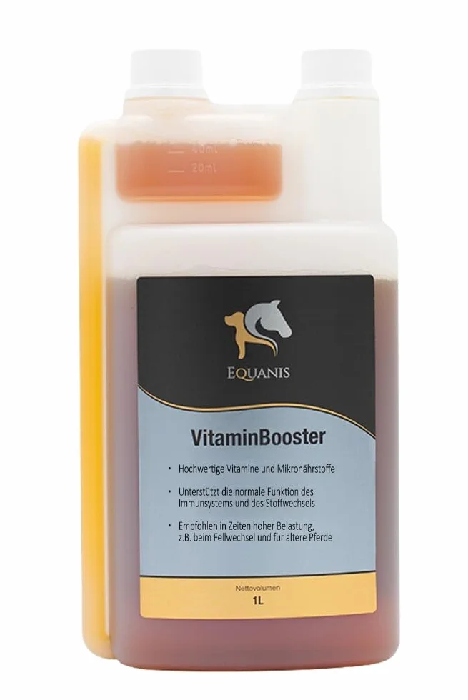 VitaminBooster - Multivitamina líquida para caballos. Las vitaminas E, vitamina B, vitamina K y calcio garantizan un mejor suministro de vitaminas para optimizar el metabolismo.
