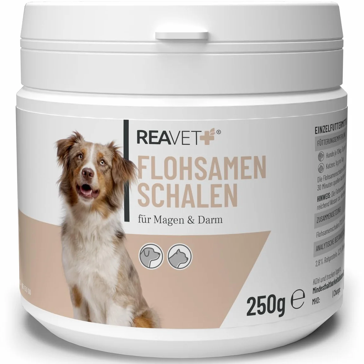 ReaVET Łuski psyllium dla psów i kotów 250 g – naturalne, czyste w jakości premium, bogate w błonnik, bezglutenowe, nasiona pcheł dla psów i kotów w jakości premium, bez dodatków