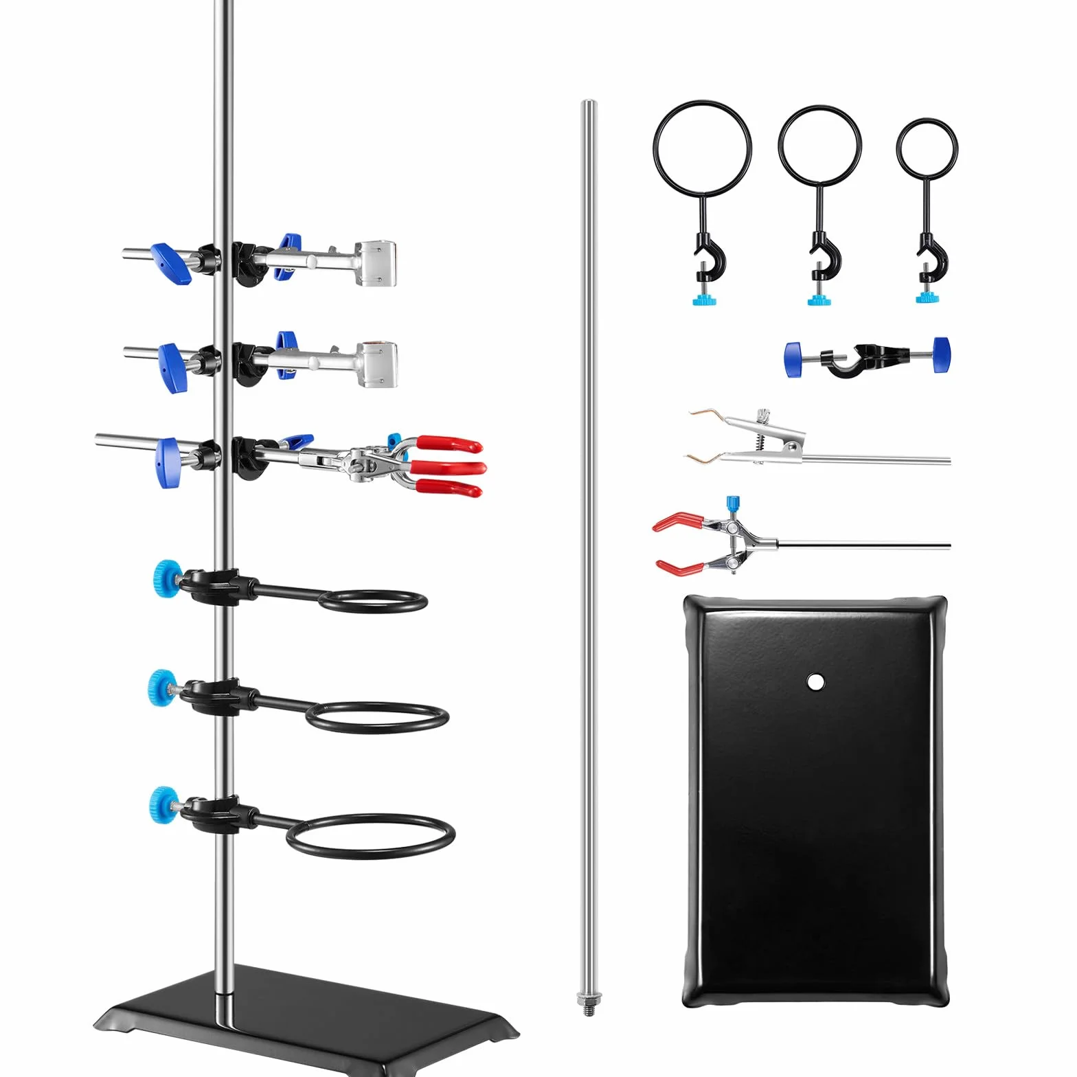 VEVOR Stojak laboratoryjny, zestaw stojaków laboratoryjnych, stalowy stojak laboratoryjny o średnicy 60 cm i żeliwna podstawa 21 cm x 14,5 cm, zawiera zaciski do piersi, zacisk do biurety i zaciski