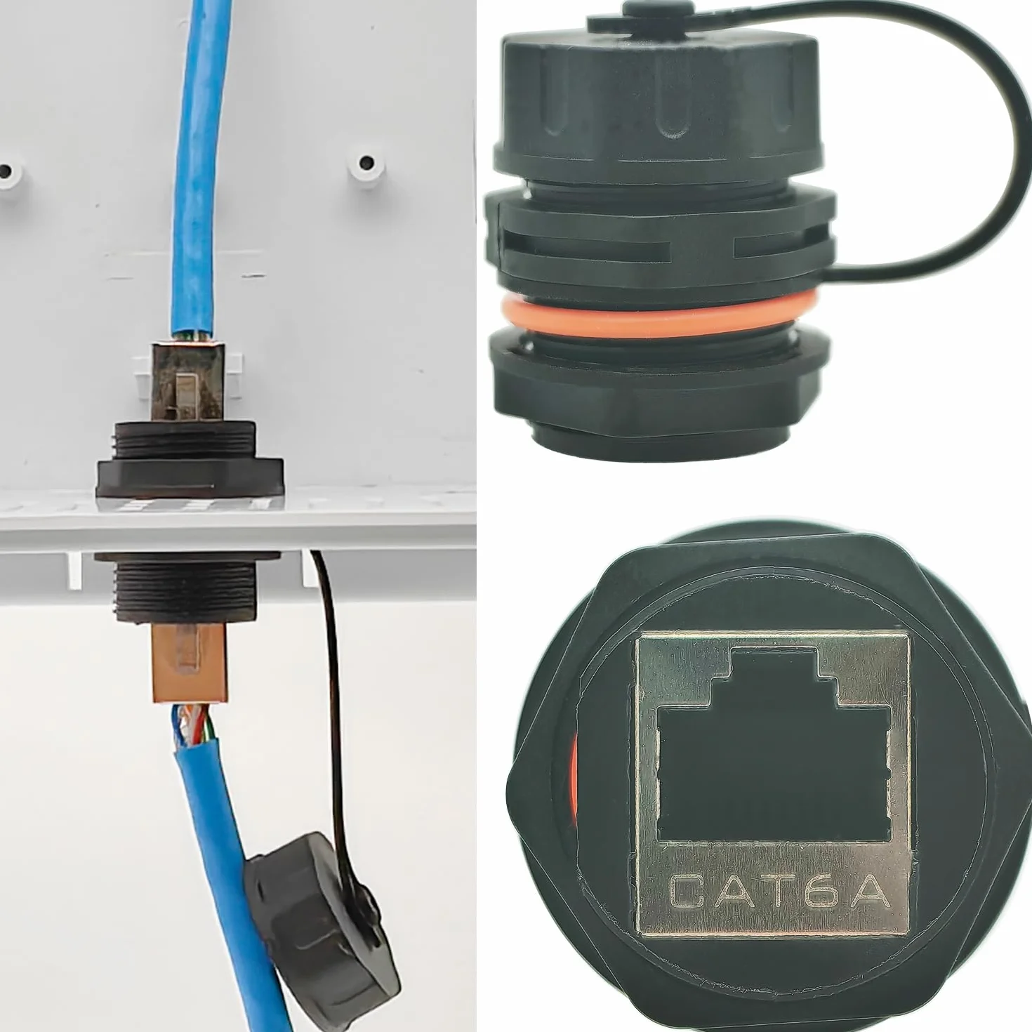 CTRICALVER Wodoodporne złącze RJ45, ekranowane złącze kabla Ethernet LAN CAT6A/6/5E/5, przemysłowe złącze dokujące do montażu na panelu żeńskim z wodoodpornym/osłoną przeciwpyłową (1 szt.)