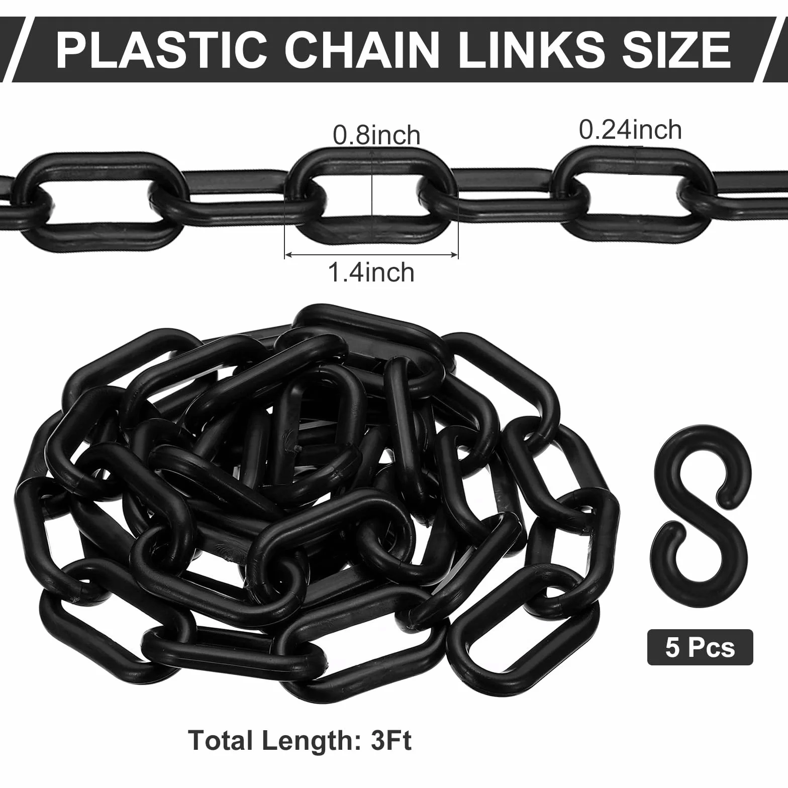 PATIKIL Plastikowy łańcuch, 3 stopy, łańcuch barierowy bezpieczeństwa do kontroli osób, 1/4 cala (6 mm) czarne połączenia łańcuchowe z tworzywa sztucznego do kolejek, parkingów, ogrodzeń