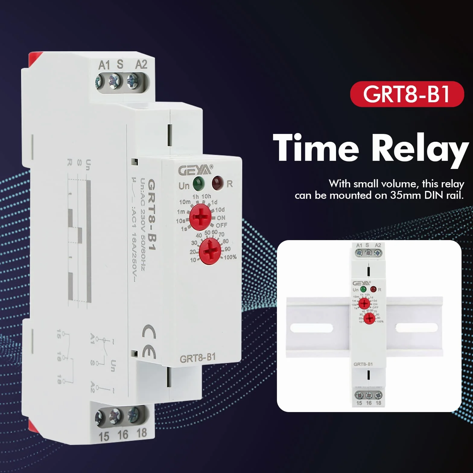Przekaźnik czasowy 230 V, GRT8-B1 mini wyłącznik czasowy, opóźnienie, programator czasowy, listwa montażowa, timer, typ szyny DIN, AC 220 V