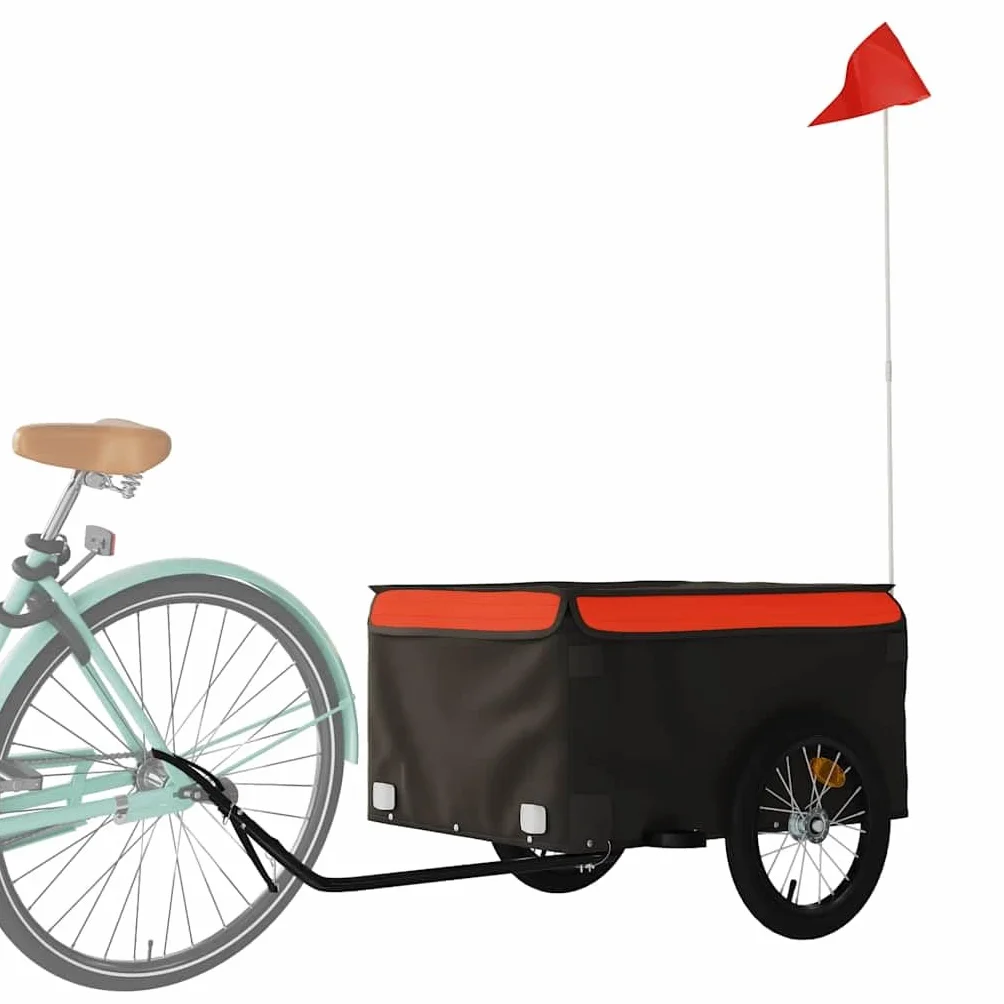 Przyczepa rowerowa, czarna i pomarańczowa, z żelaza, udźwig, 120 x 54 x, flaga bezpieczeństwa, składana, do transportu bagażu, psa, dzieci i wycieczek na świeżym powietrzu