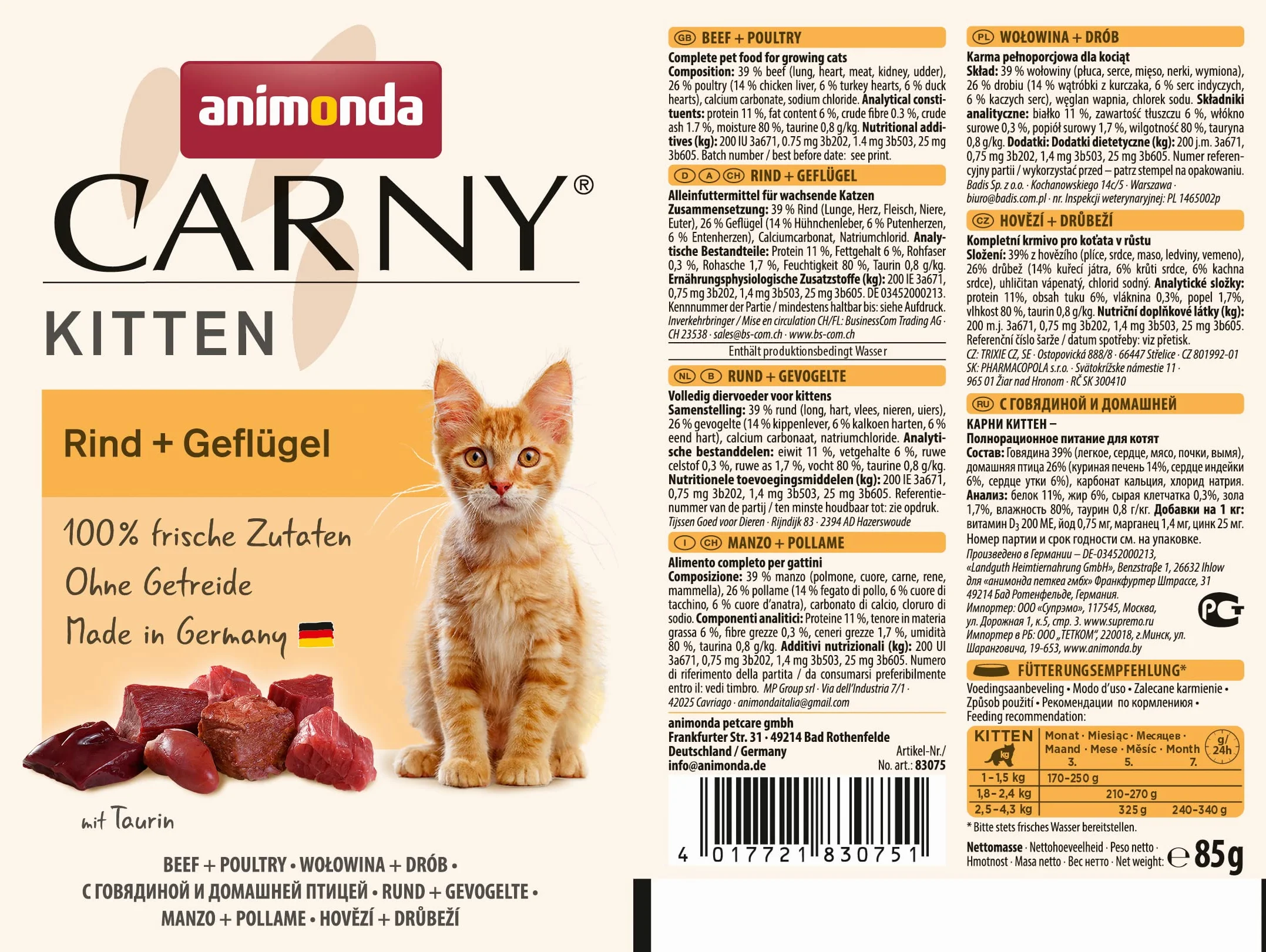 animonda Carny Kittenmokra karma dla młodych kotów, Pouch mokra karma dla młodych kotów do 1 roku, wołowina + drób, 12 x 85 g
