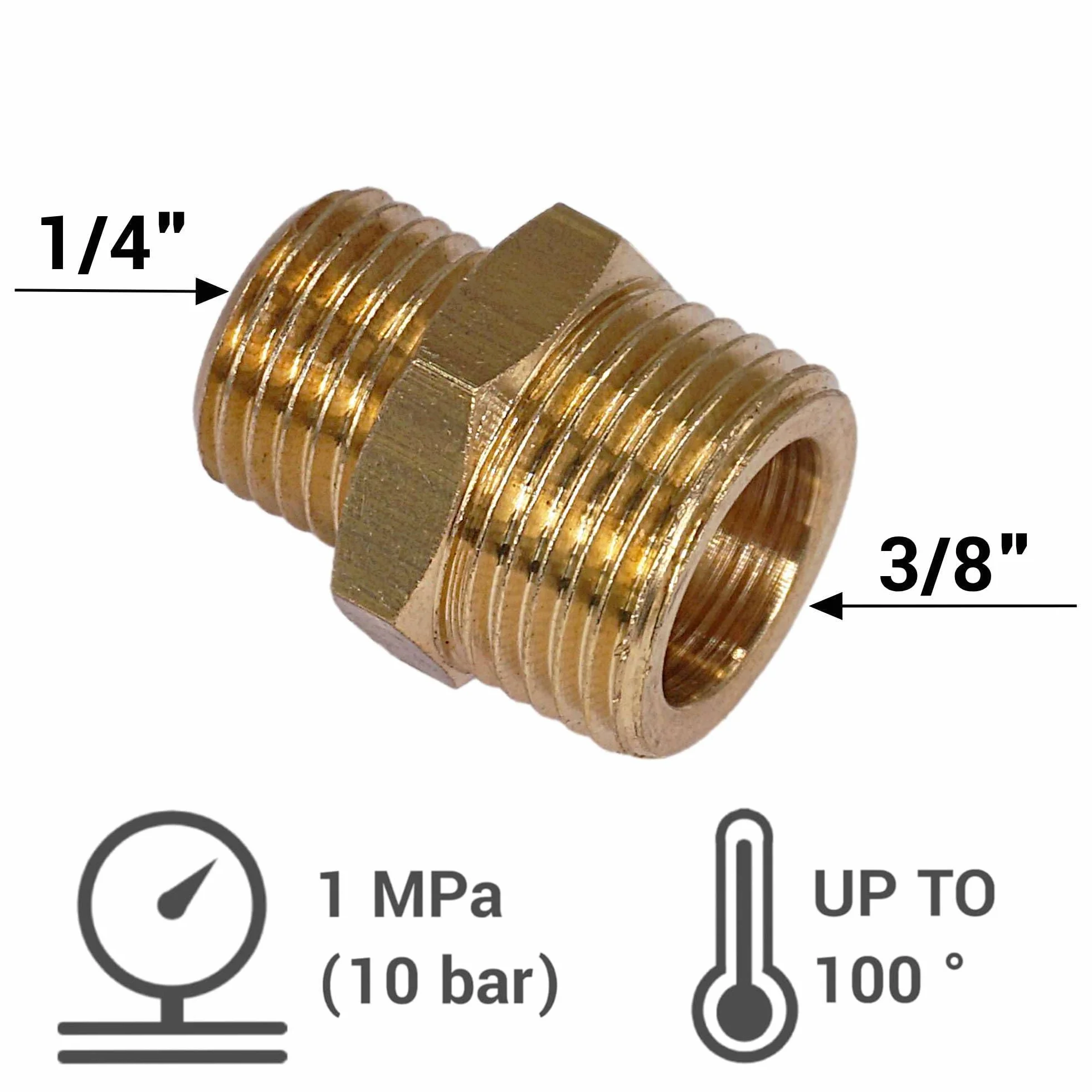 SKIR'CO (2 szt.) Mosiężna sześciokątna złączka redukcyjna 3/8" x 1/4" gwint zewnętrzny, mosiężna złączka rurowa, gwint męski BSP