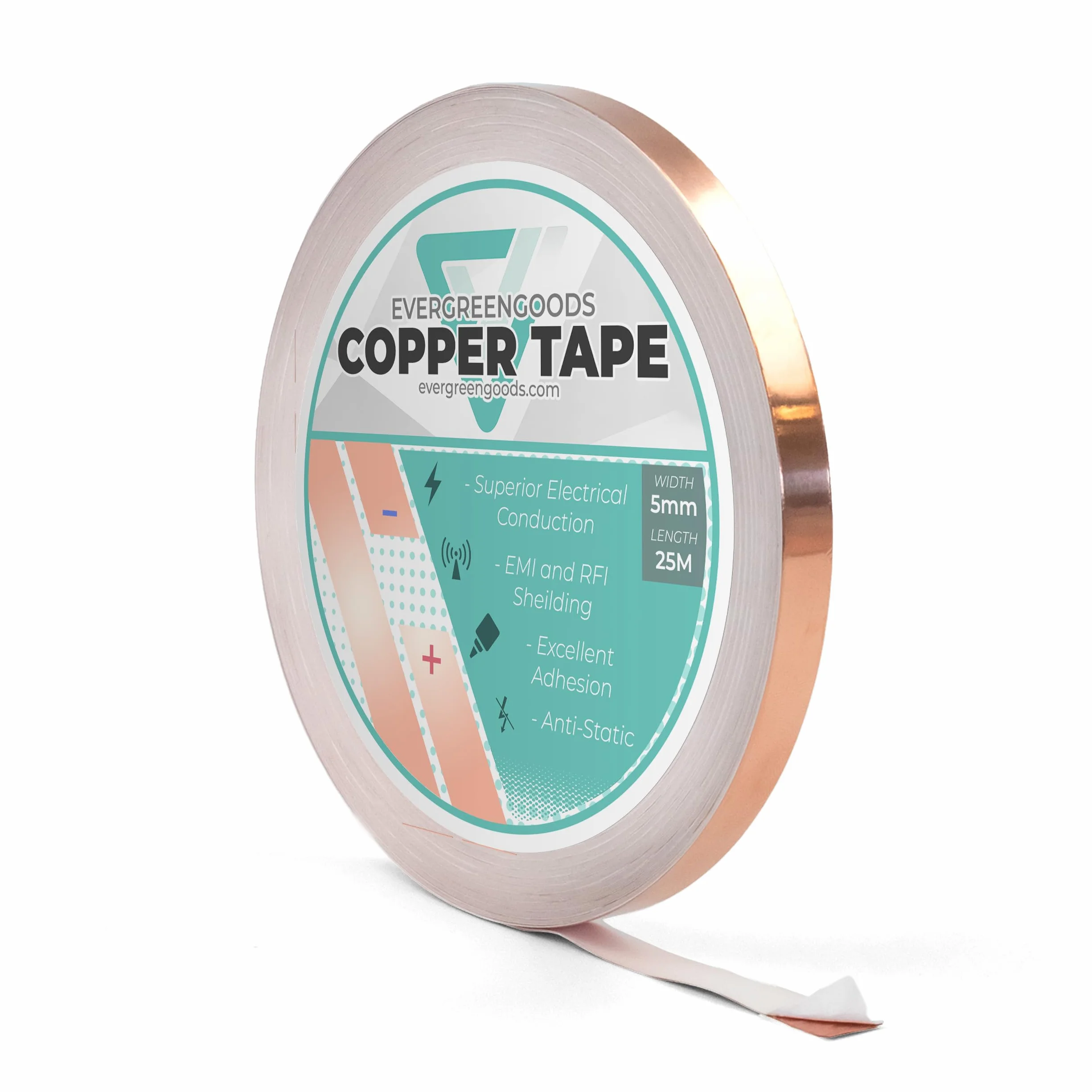 Evergreen Goods taśma miedziana (5 mm x 25 m), 5 rozmiarów - przewodzący klej do obwodów, ekranowania EMI, napraw gitarowych i elektrycznych, uziemienia, 1 rolka