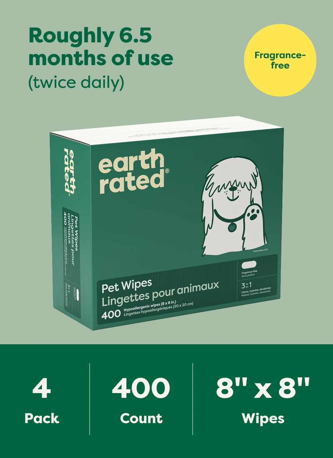 Earth Rated Chusteczki dla Zwierząt dla Psów i Kotów, Hipoalergiczne, Czyszczące i Nawilżające, do Pielęgnacji Łap, Ciała i Pupy, Bezzapachowe, 400 Sztuk