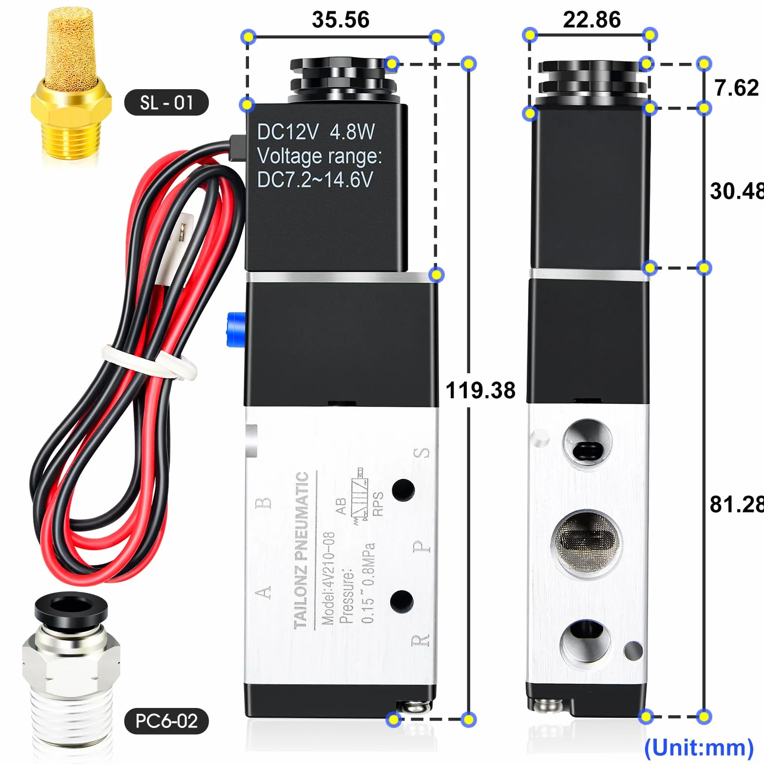 TAILONZ PNEUMATIC 1/4 "BSP Elektromagnetyczny zawór 12V Pojedyncza cewka napędzana pilotem Elektryczny 2 Pozycje 5 Way Typ połączenia 4V210-08
