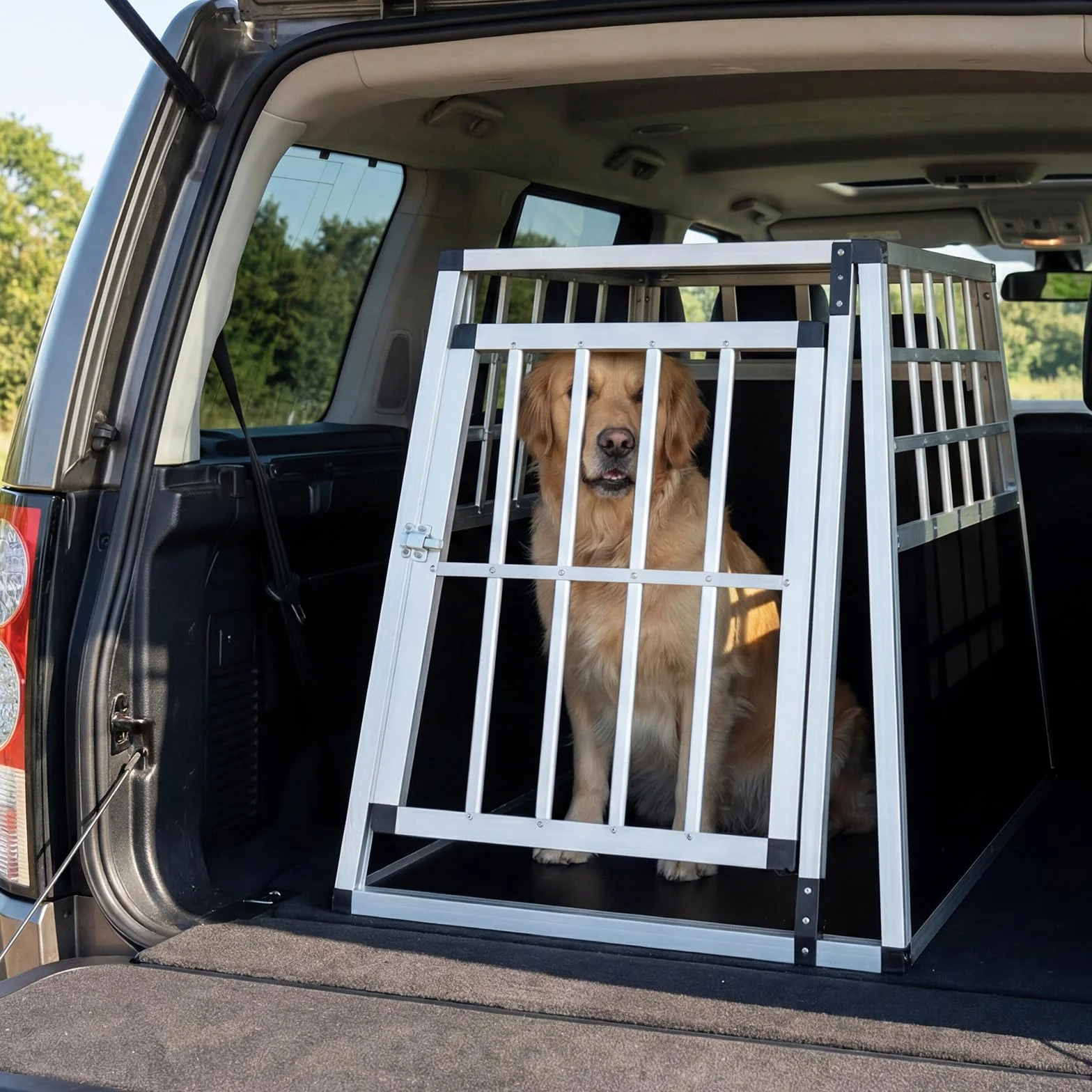 COSTWAY Aluminiowa skrzynka transportowa dla psów z zamykaną na klucz bramką, wyjmowaną ścianką działową, skrzynka podróżna, trapezowa klatka dla psów do samochodu, ciężarówki i na kemping, 89 x 69 x
