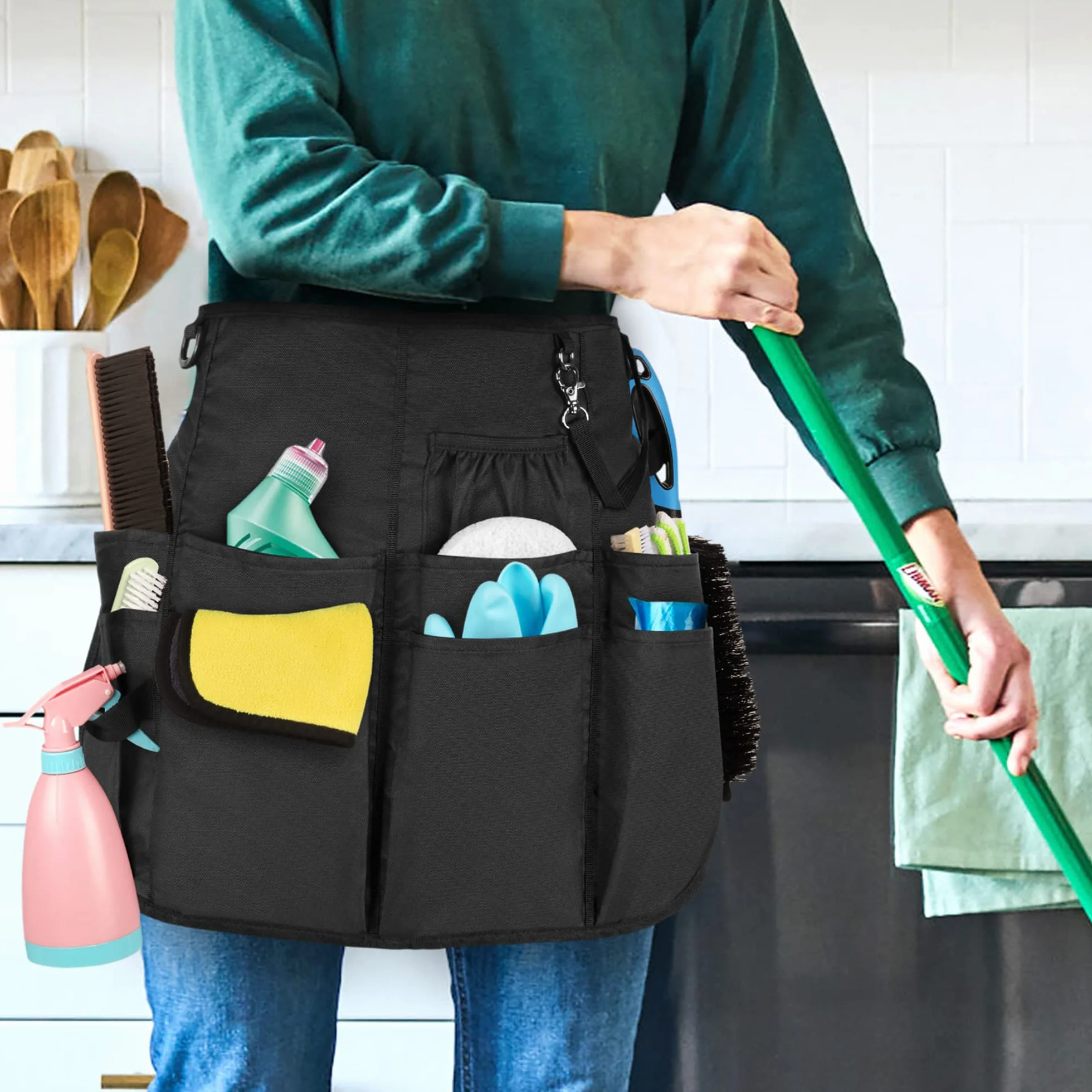 LoDrid Profesjonalny fartuch do czyszczenia, wodoodporny fartuch Speed Cleaning Caddy z 9 kieszeniami i regulowanym paskiem z klamrą, do sprzątania w hotelu domowym, czarny, Middle